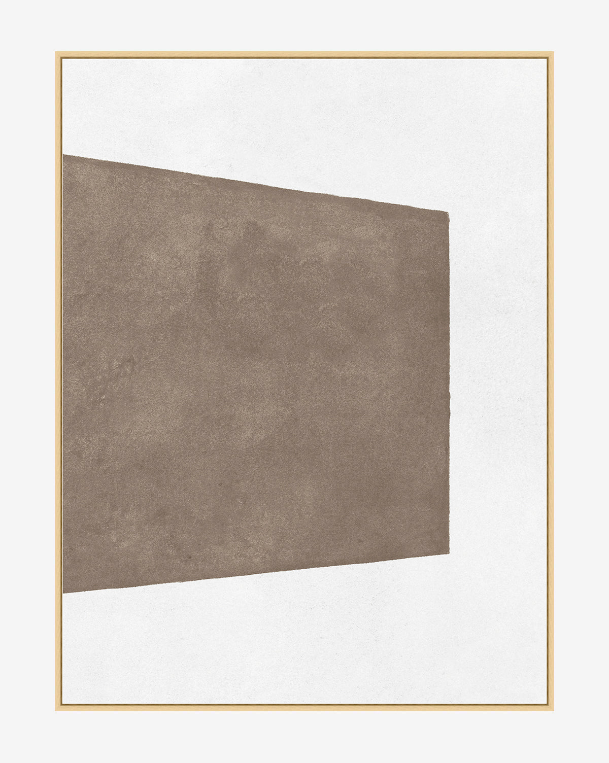 Entering Shape 1: Minimalist abstract wall art featuring a large, textured brown rectangle on white, extending from the left and casting a subtle shadow. Finished with a thin gold frame—ideal for curated decor.