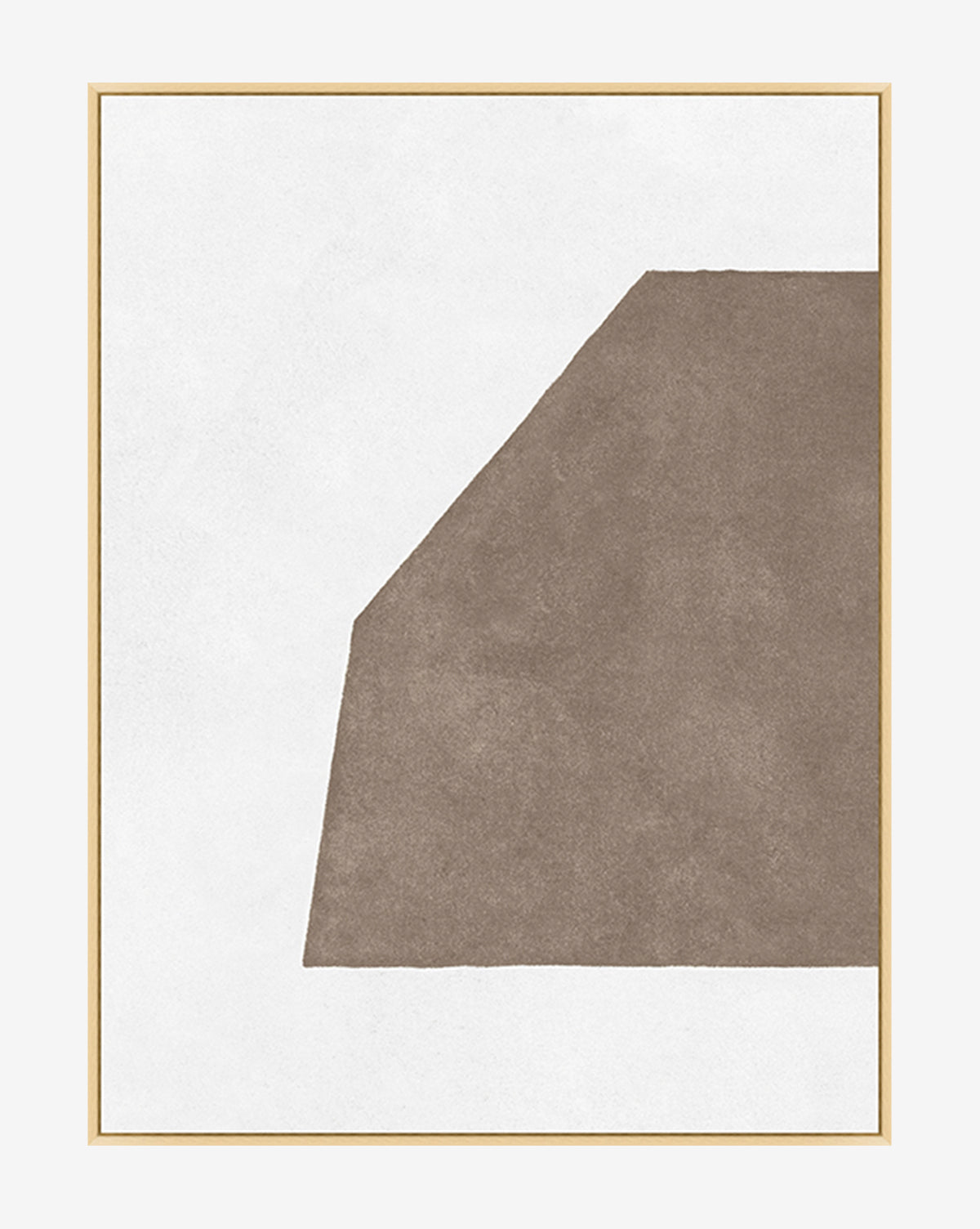 Entering Shape 2 is minimalist wall art with a large, irregular deep taupe geometric design on white, set in a light wood frame. The shape spans the right side and center, leaving negative space on the left.