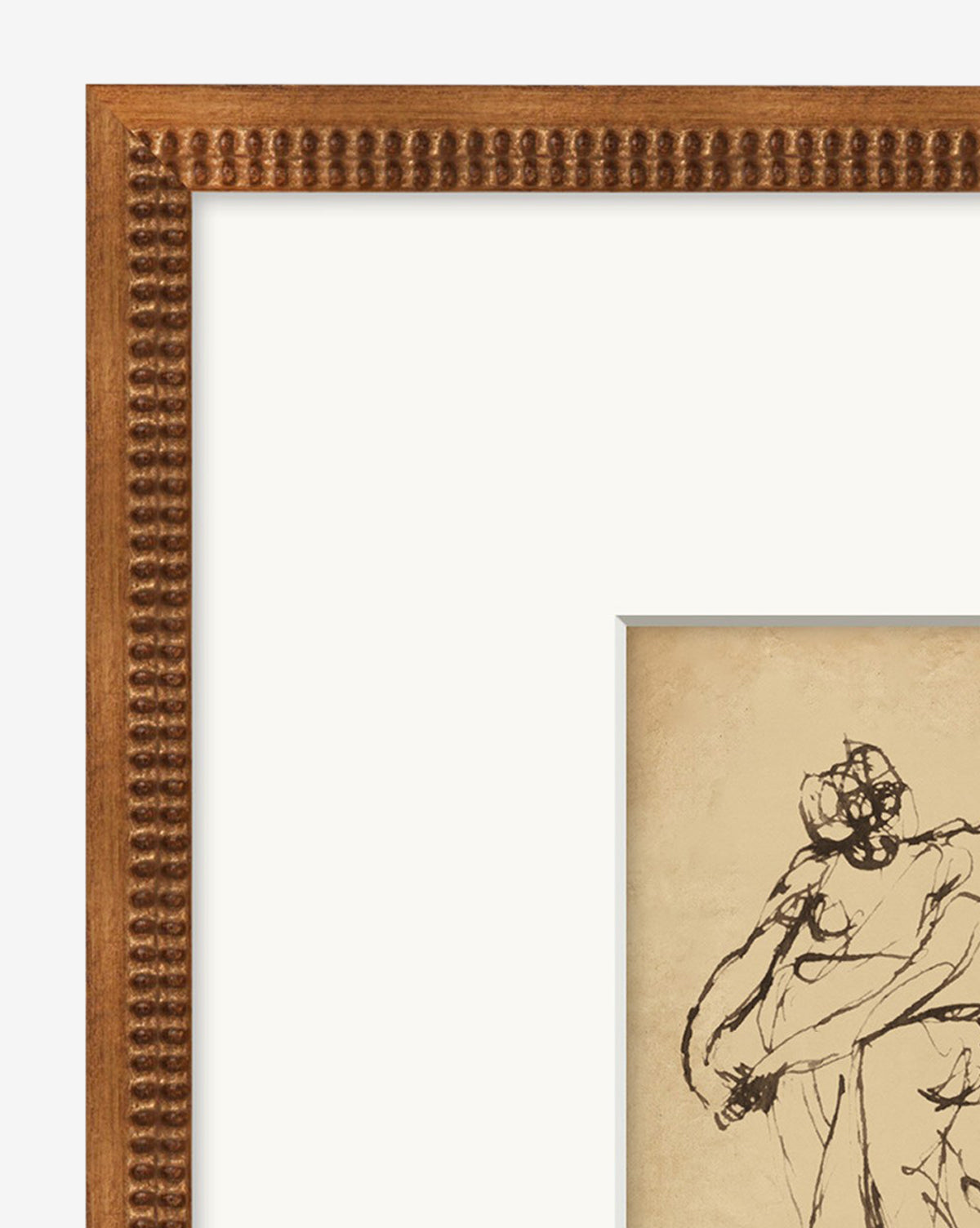 A close-up of the Entwined wood frame with beaded edge shows part of a sketch of a seated human figure on beige paper; most negative space is out of view, hinting at an artwork in progress.