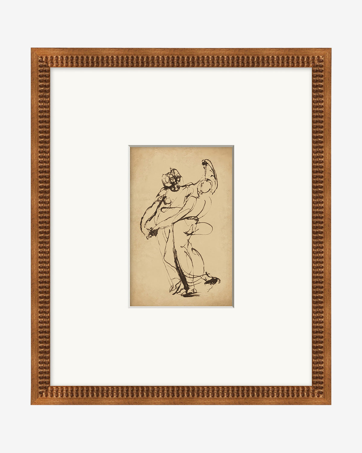 Entwined features a dynamic figure sketched in loose black lines on aged paper, employing negative space techniques. Centered in a wide white mat and set within a textured wood frame, this artwork captures graceful motion.