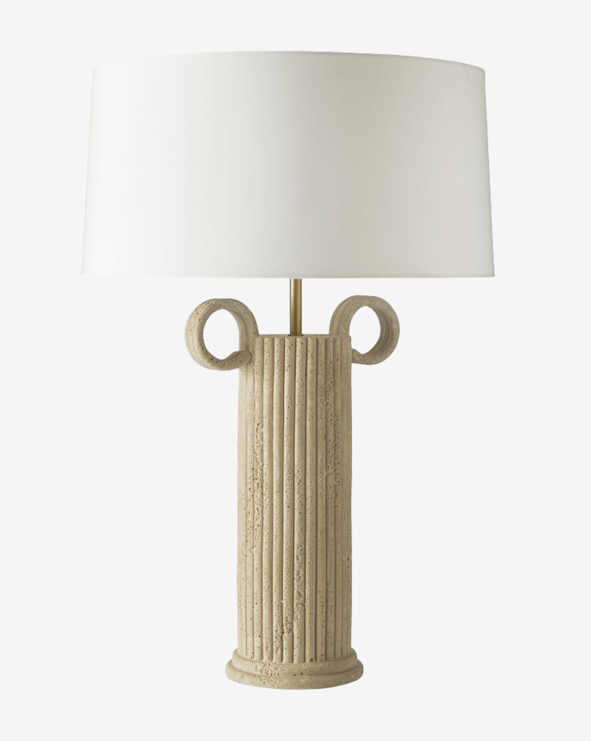 The Eros Table Lamp boasts a textured faux travertine base with two circular handles, vertical ridges, and is finished with a wide ivory microfiber shade for refined style, by McGee & Co.