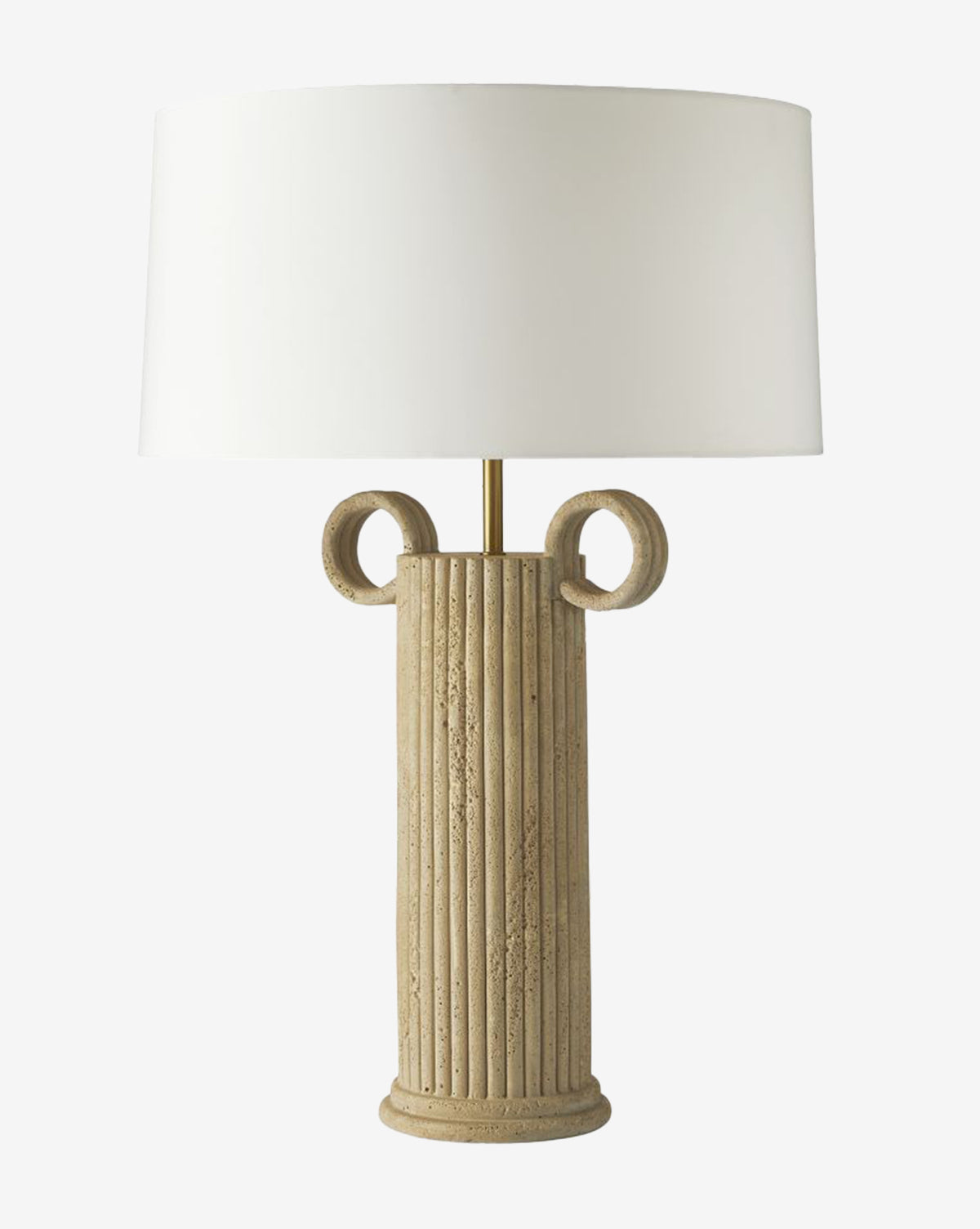 The Eros Table Lamp has a textured fluted faux travertine base with two circular handles and an ivory microfiber shade, adding classical, sculptural elegance to any space, by McGee & Co.