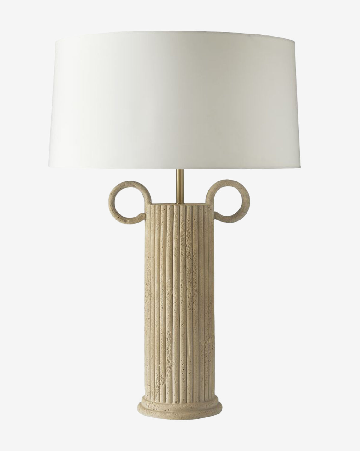 The Eros Table Lamp by Arteriors features a sculptural faux travertine base with two circular handles and a large ivory microfiber shade, bringing timeless elegance to any space with its classical column-inspired design by McGee & Co.