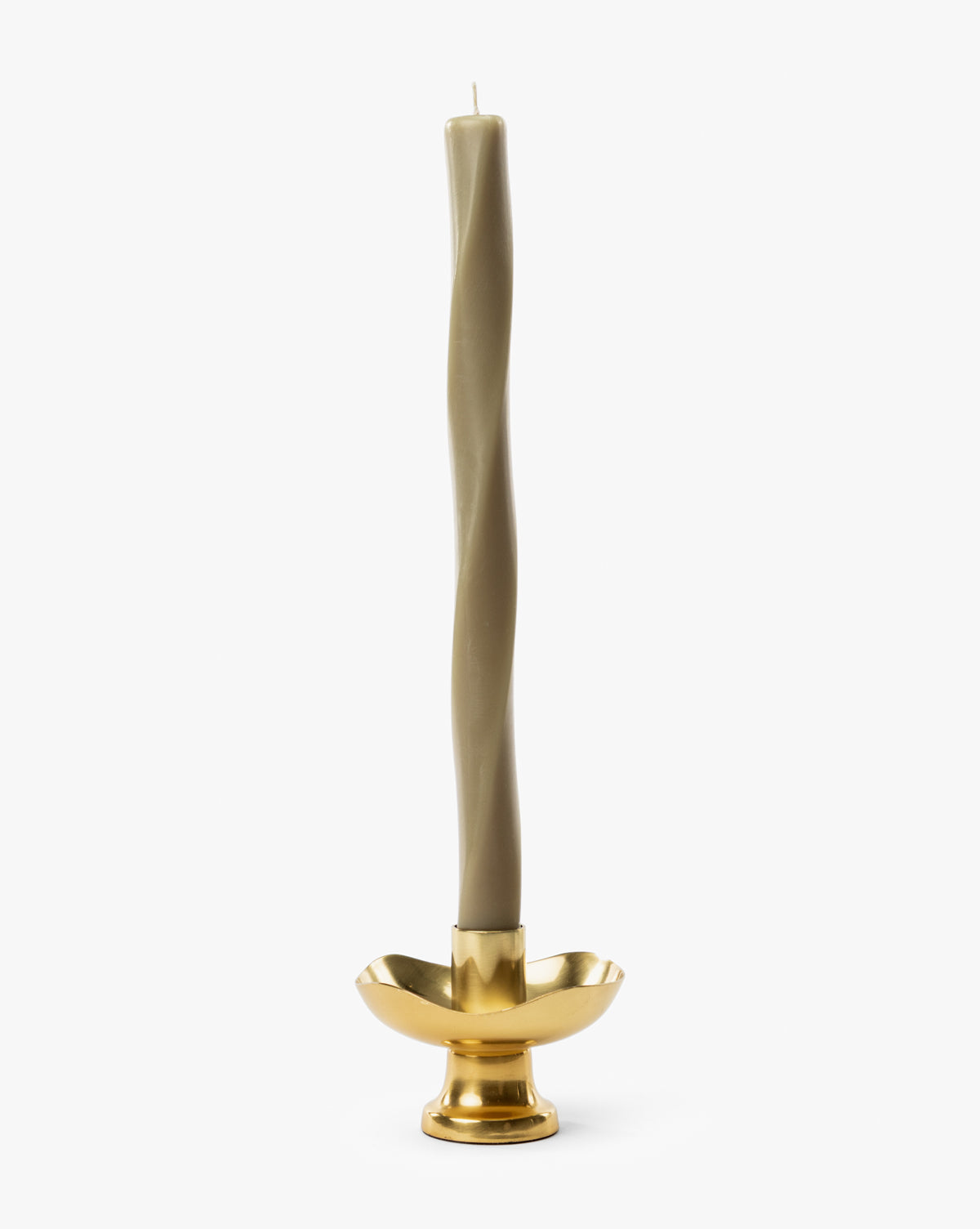 A set of six Errol Wax Tapers, each tall and elegantly twisted, stands upright in glossy, gold-toned holders against a white background—showcasing sculptural candle design by McGee & Co.