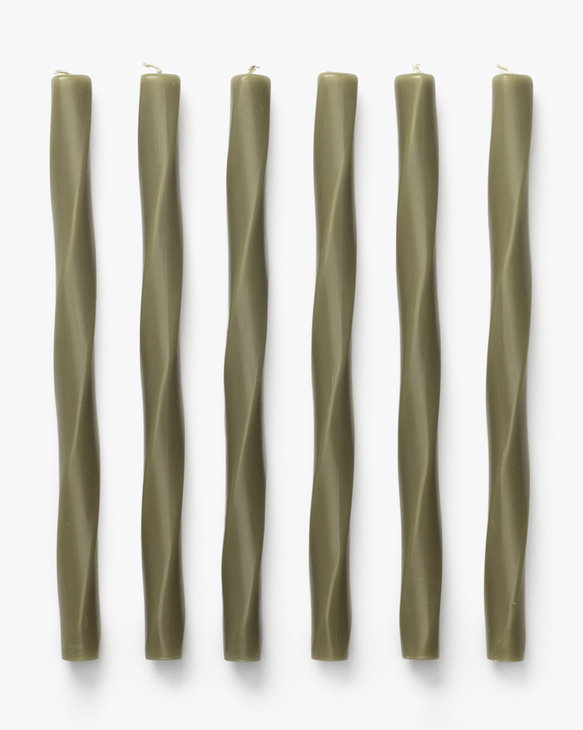 Six Errol Wax Tapers (Set of 6) in olive green, featuring a sculptural twisted design, are arranged in a straight row on a white background by McGee & Co.