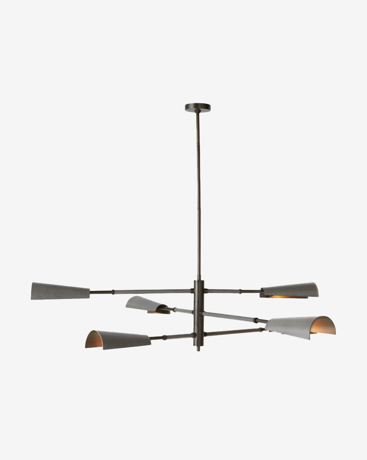 The Arteriors Estevan Chandelier features six adjustable arms with black and gold cone shades, a sleek bronze finish, and a minimalist geometric design for a modern, industrial look. McGee & Co.