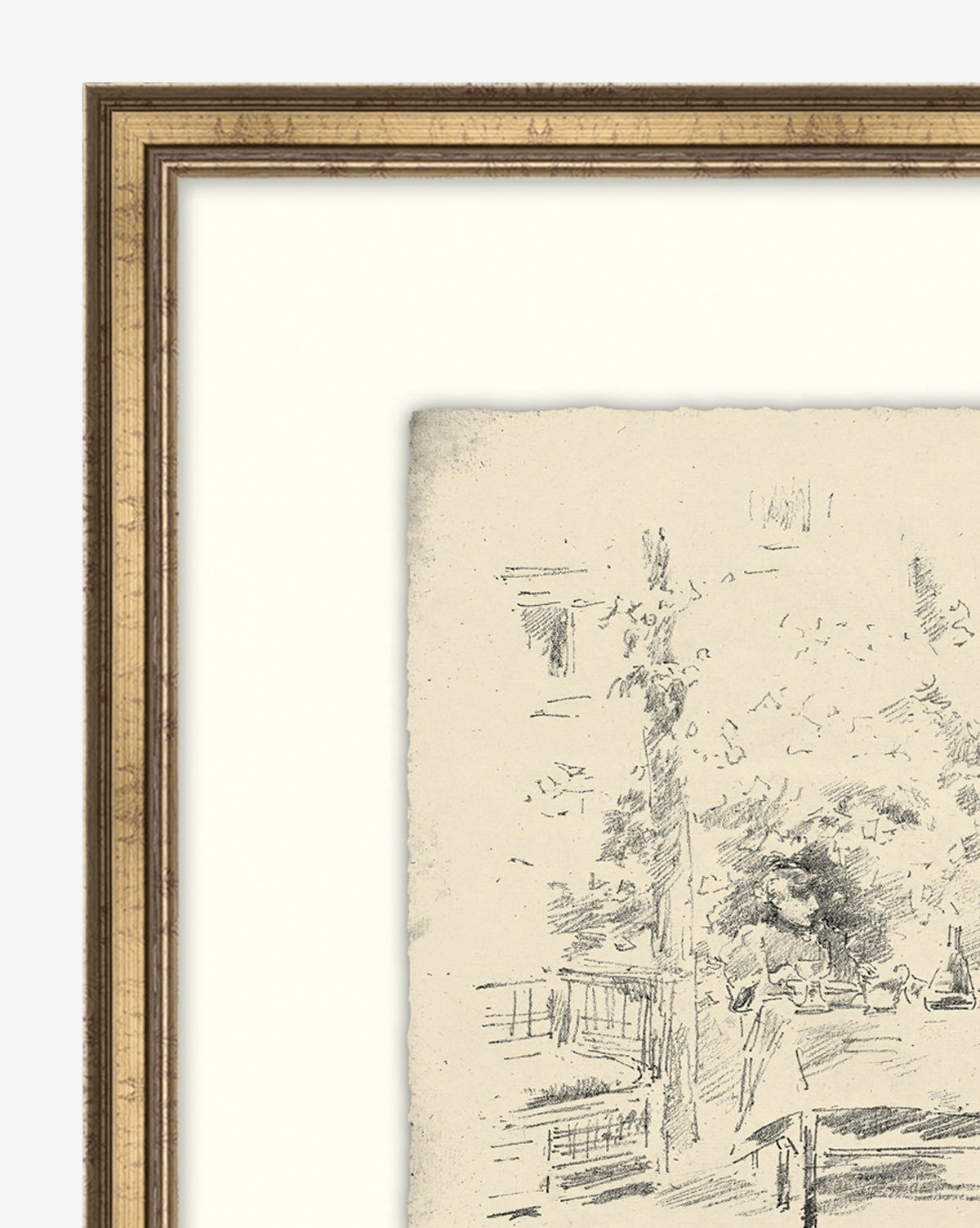 Close-up of Etched Brunch, a framed black-and-white sketch showing part of a person seated at a table amid foliage and rustic details; only the left section of the artwork and frame is visible.