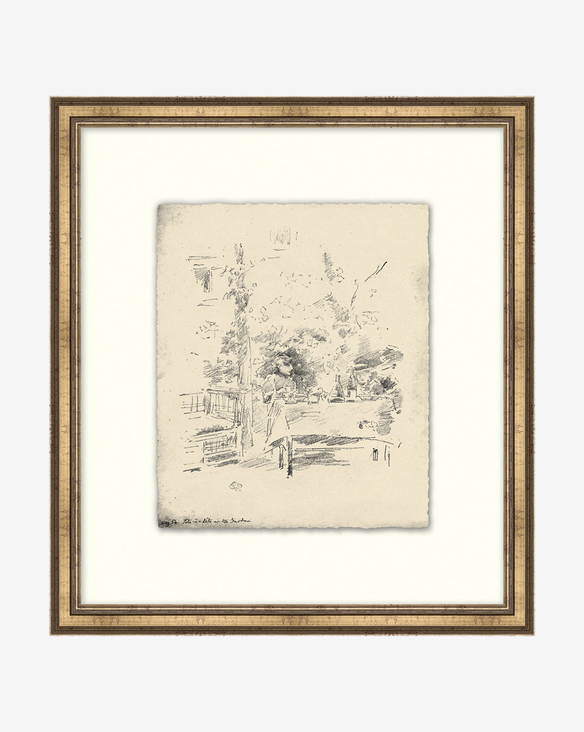 Etched Brunch is a framed black-and-white etching showing a table with a large floral arrangement, subtle abstract details, and is centered on a wide cream mat within a simple gold frame.