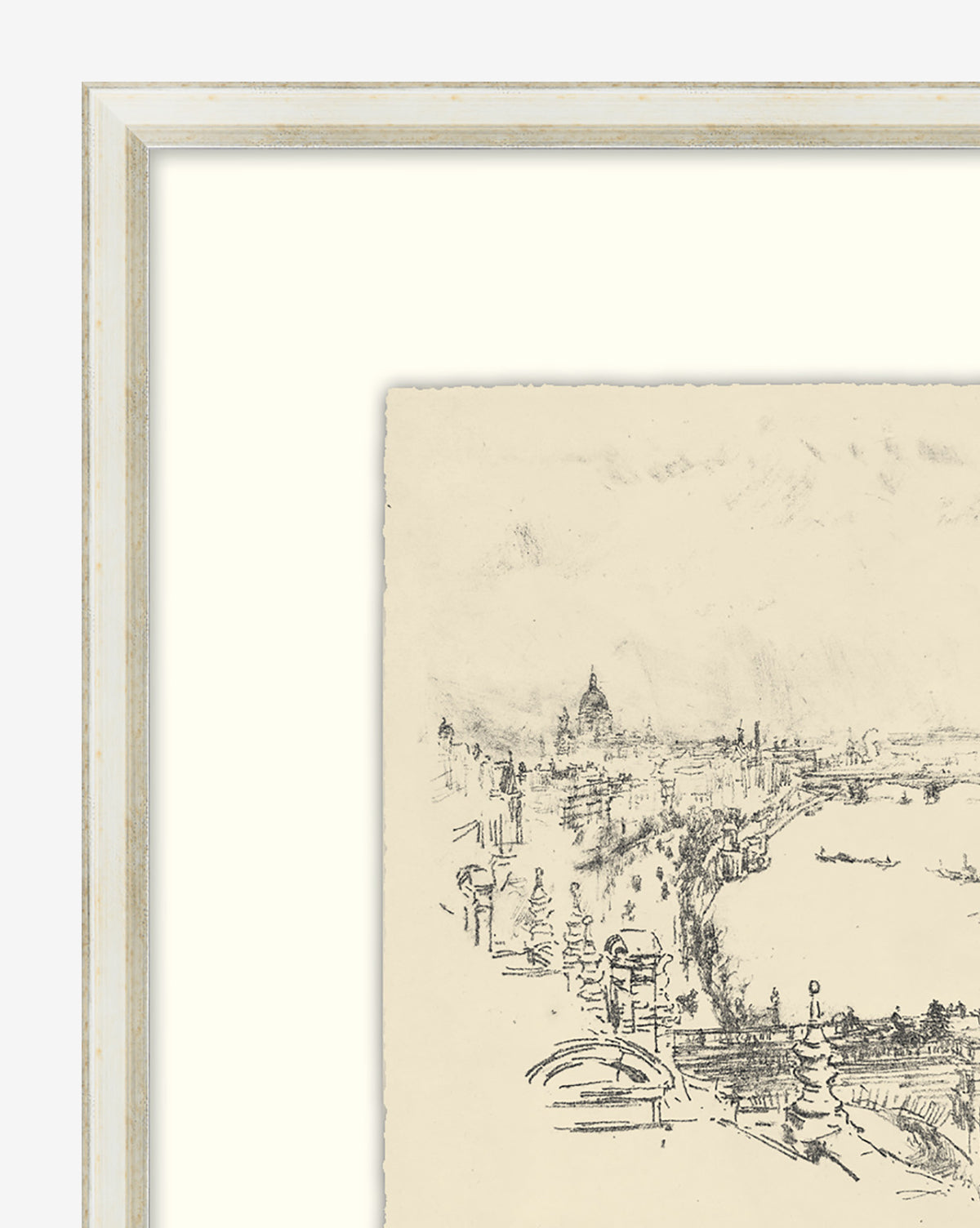 Etched City is a framed black-and-white etching depicting part of a riverside cityscape, with buildings, boats on the water, and a distant domed structure; only the left section of the artwork appears in the frame.
