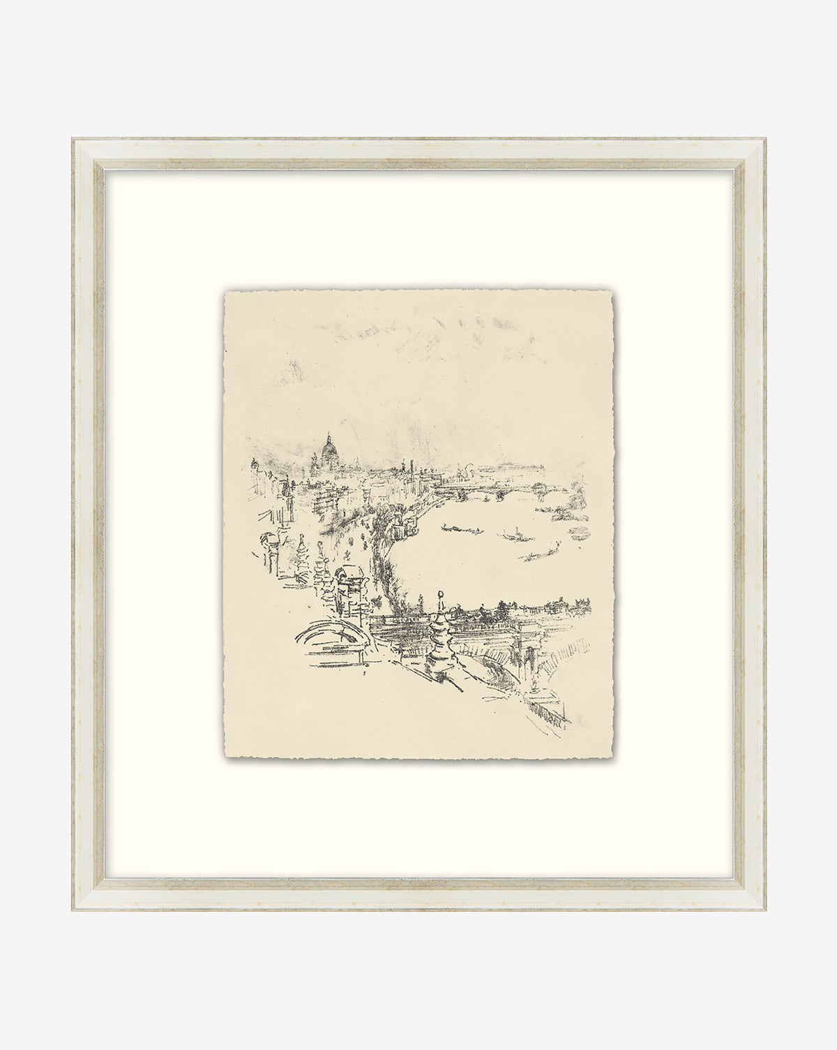 Etched City is a framed black-and-white etching of a city scene with a river, bridges, and distant buildings, printed on textured paper and centered within a wide cream mat.