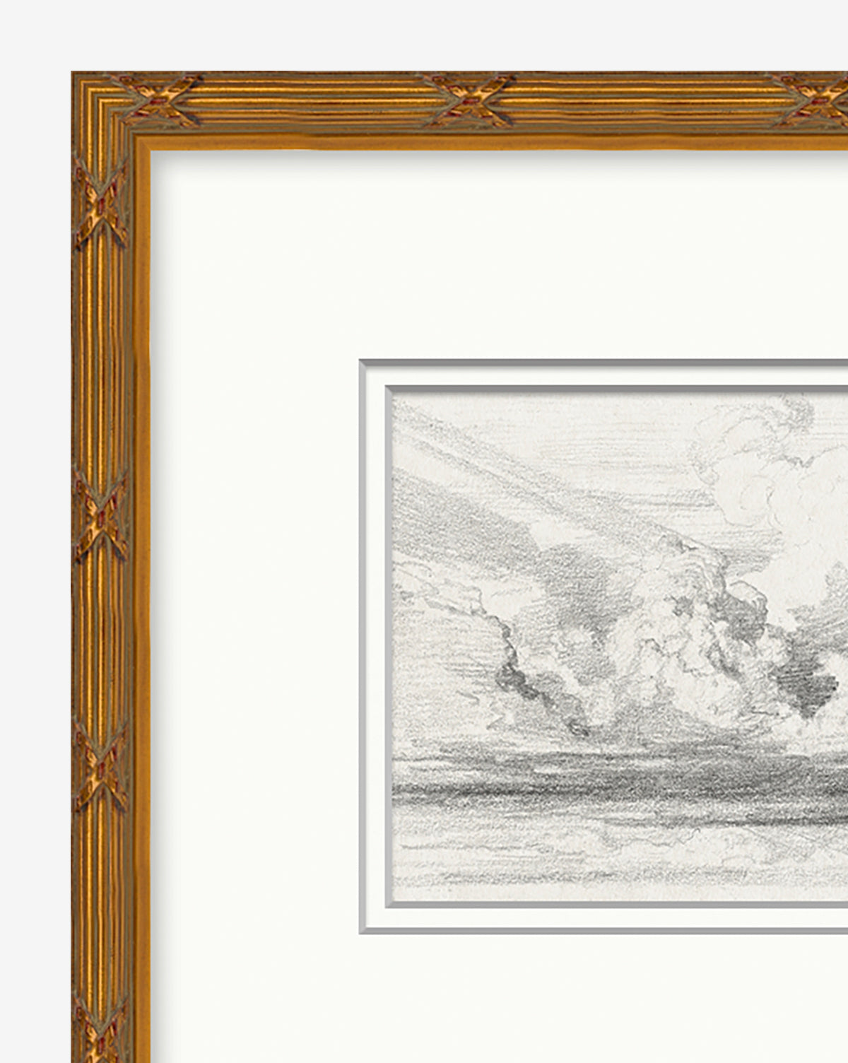 A close-up of Ethereal Clouds in a vintage-inspired gold finished wood frame highlights carved details and a light matte border, with only part of the cloud pencil sketch artwork visible.