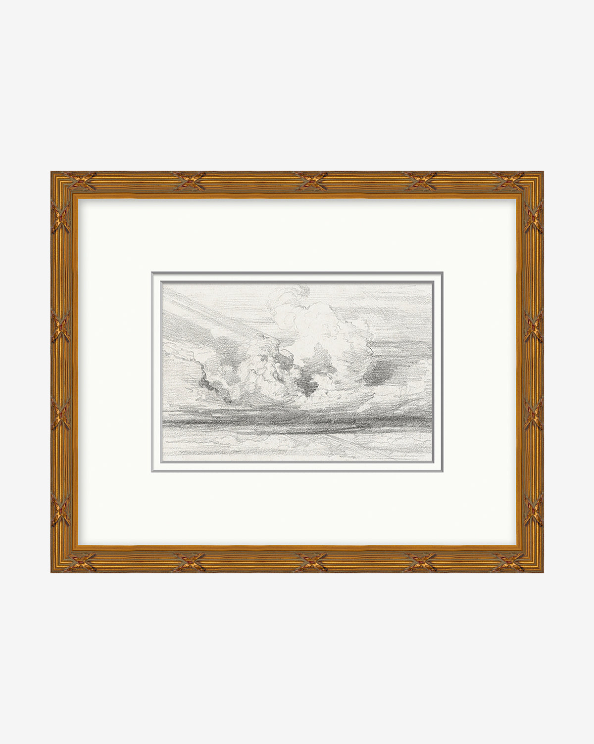 Ethereal Clouds: A pencil sketch of clouds above a landscape, presented in a white mat and an ornate, vintage-inspired gold finished wood frame.