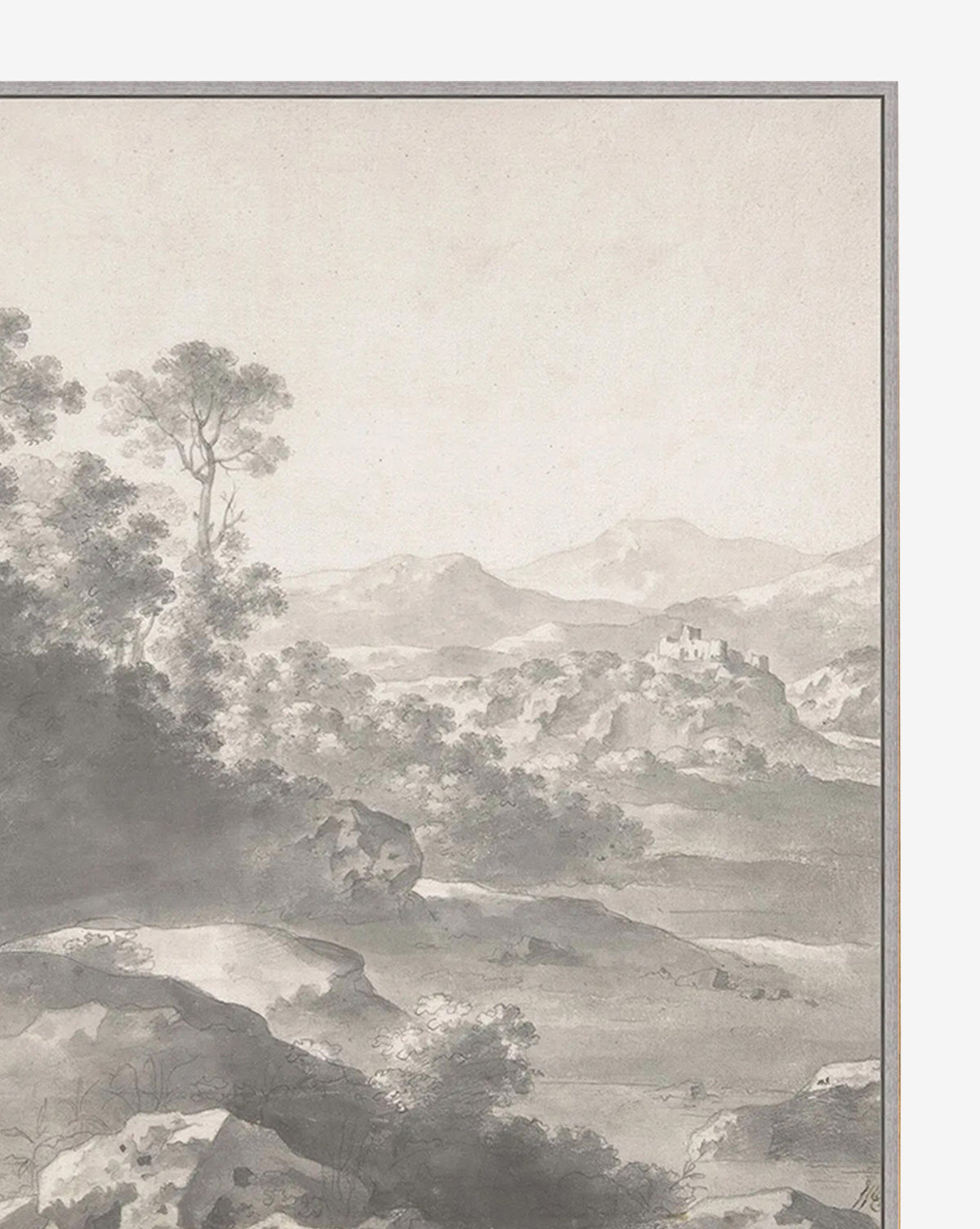 “Ethereal View” is a grayscale giclee canvas featuring rocky terrain, tall trees, distant hills, and a small building under a hazy sky—perfect as striking landscape wall art by McGee & Co.