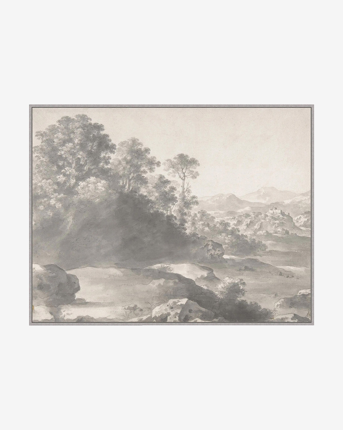The “Ethereal View” is a monochrome landscape drawing featuring trees, rocky hills, a winding river, distant mountains, and buildings—ideal as landscape wall art in a gray driftwood frame, by McGee & Co.