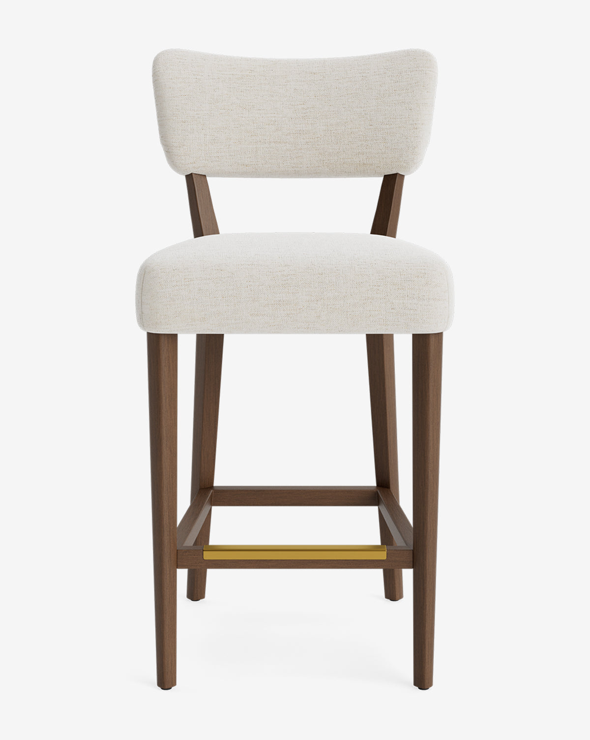 The Makerspalm Etienne Stool is a modern, vintage-inspired bar stool featuring a cushioned light beige seat and backrest, dark brown wooden legs, and a brass footrest, shown against a plain white background. McGee & Co.