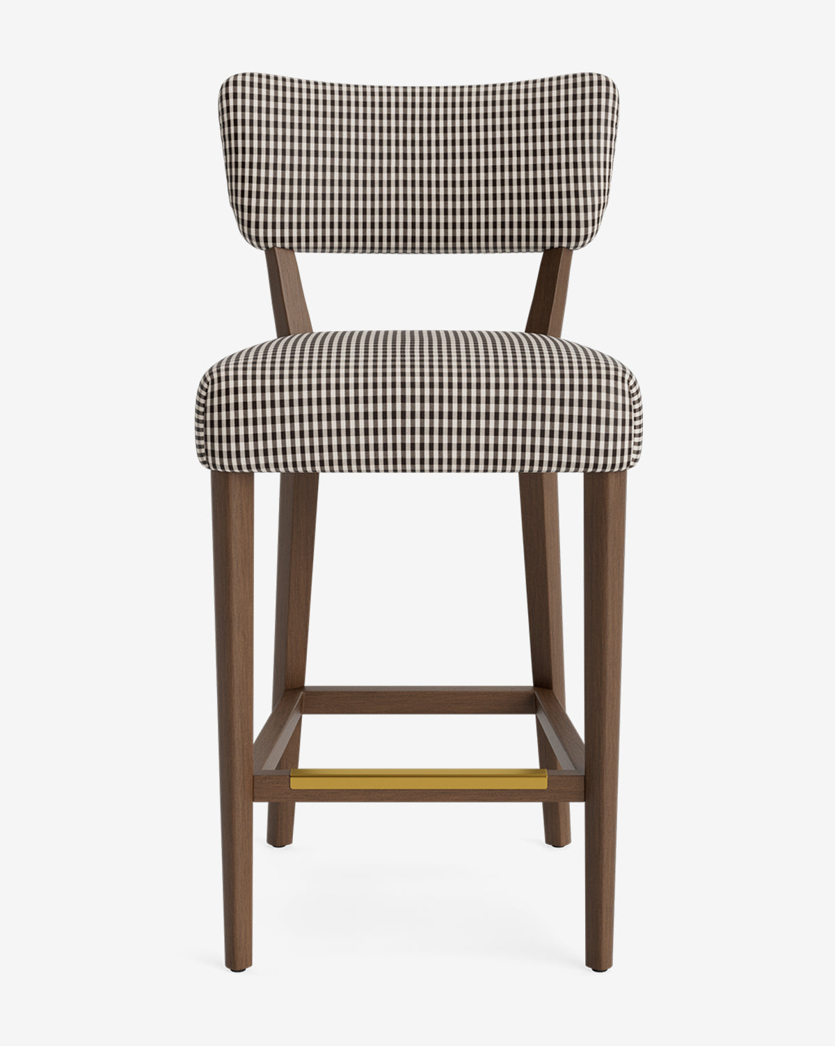 The Etienne Stool by Makerspalm is a vintage-inspired wooden bar stool with cushioned seat and backrest in brown and white checkered fabric, gold footrest bar, and is fully customizable to fit your space—McGee & Co.