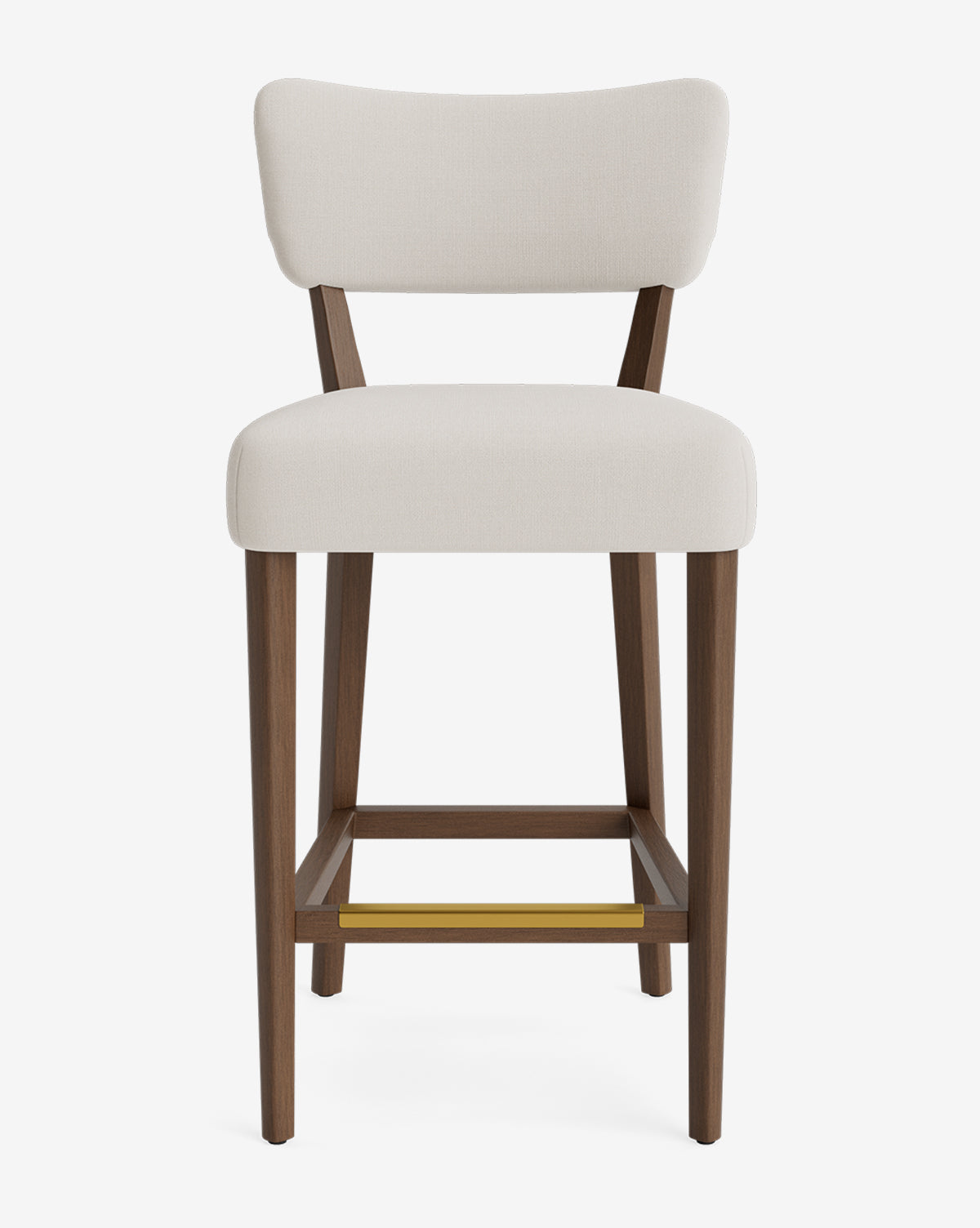 The Makerspalm Etienne Stool is a vintage-inspired bar stool with a cushioned light beige fabric seat and back, dark brown wooden legs, and a gold footrest. McGee & Co.
