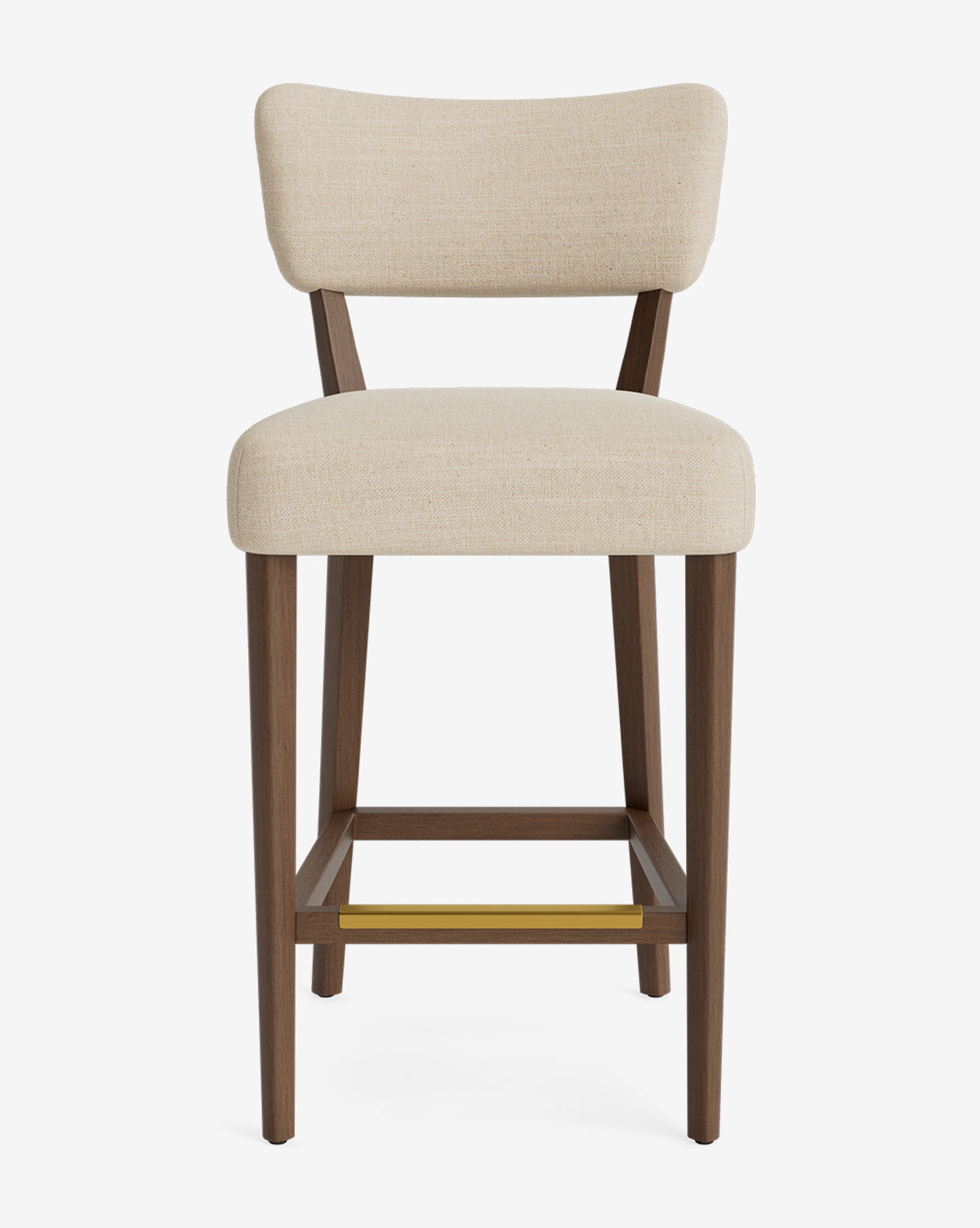 The Makerspalm Etienne Stool features a light beige upholstered seat and backrest, wooden legs, and a brass-finished footrest—all customizable to fit your style, shown against a white background. McGee & Co.