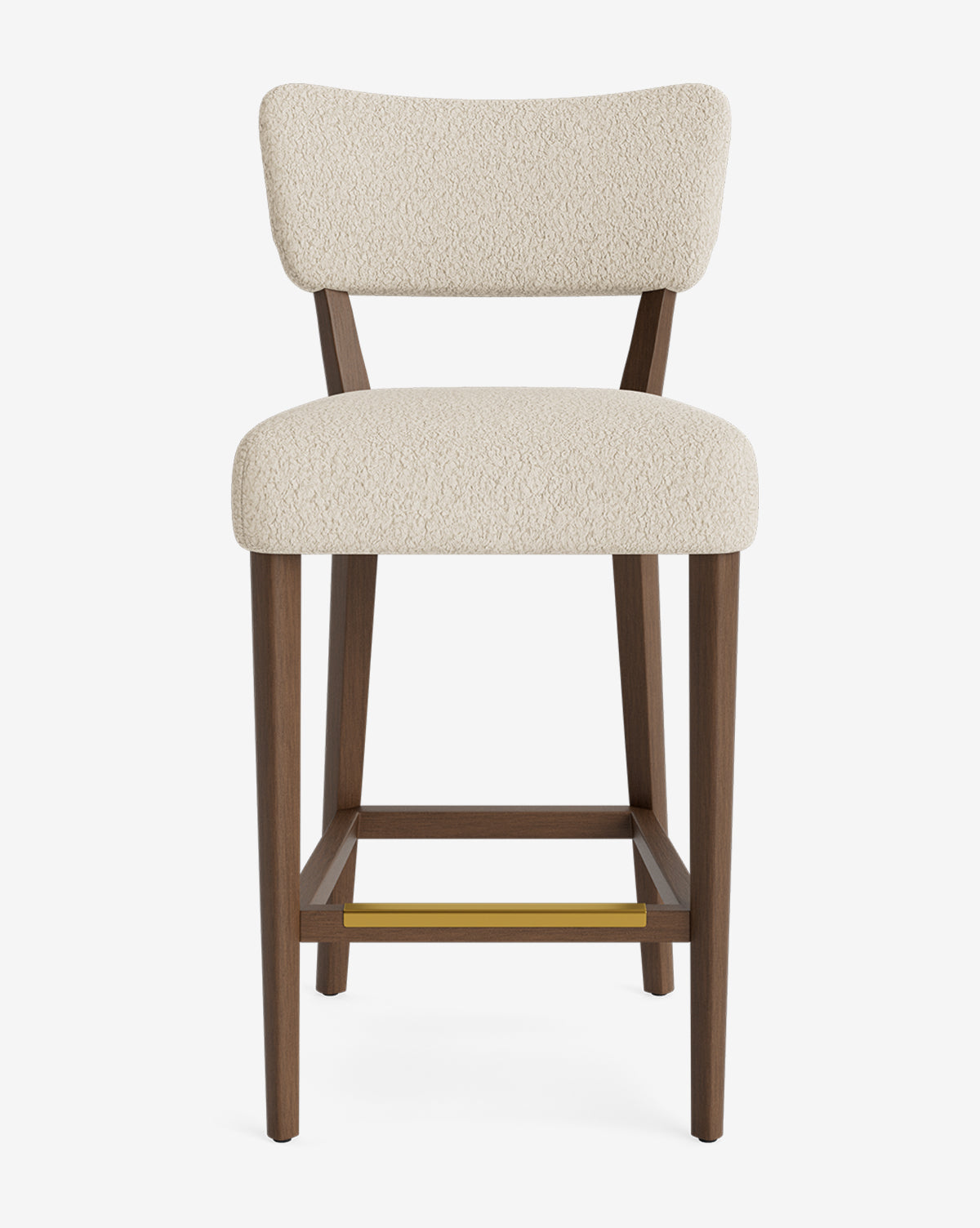 The Makerspalm Etienne Stool is a modern, vintage-inspired bar stool featuring a soft cream cushion and backrest, dark wooden legs, and a gold-colored footrest, displayed against a white background. McGee & Co.