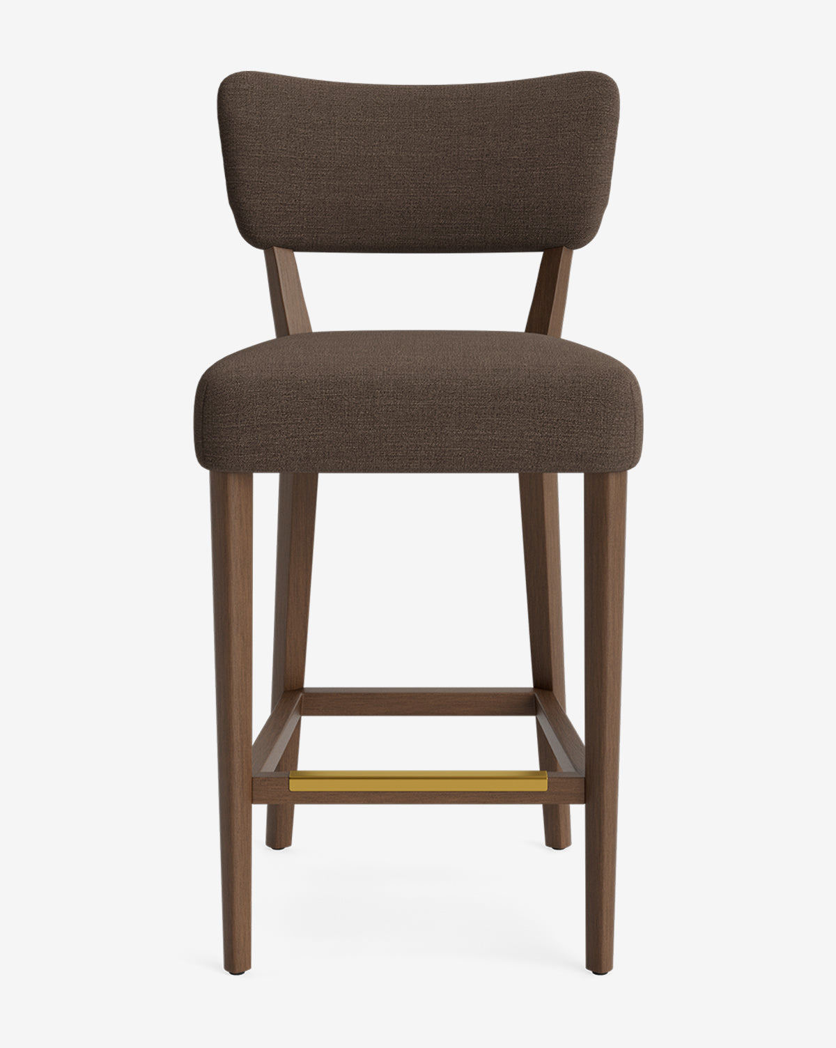 The Makerspalm Etienne Stool features a dark brown upholstered seat and backrest, wooden legs, and a brass-colored metal footrest, shown from the front against a plain white background, McGee & Co.