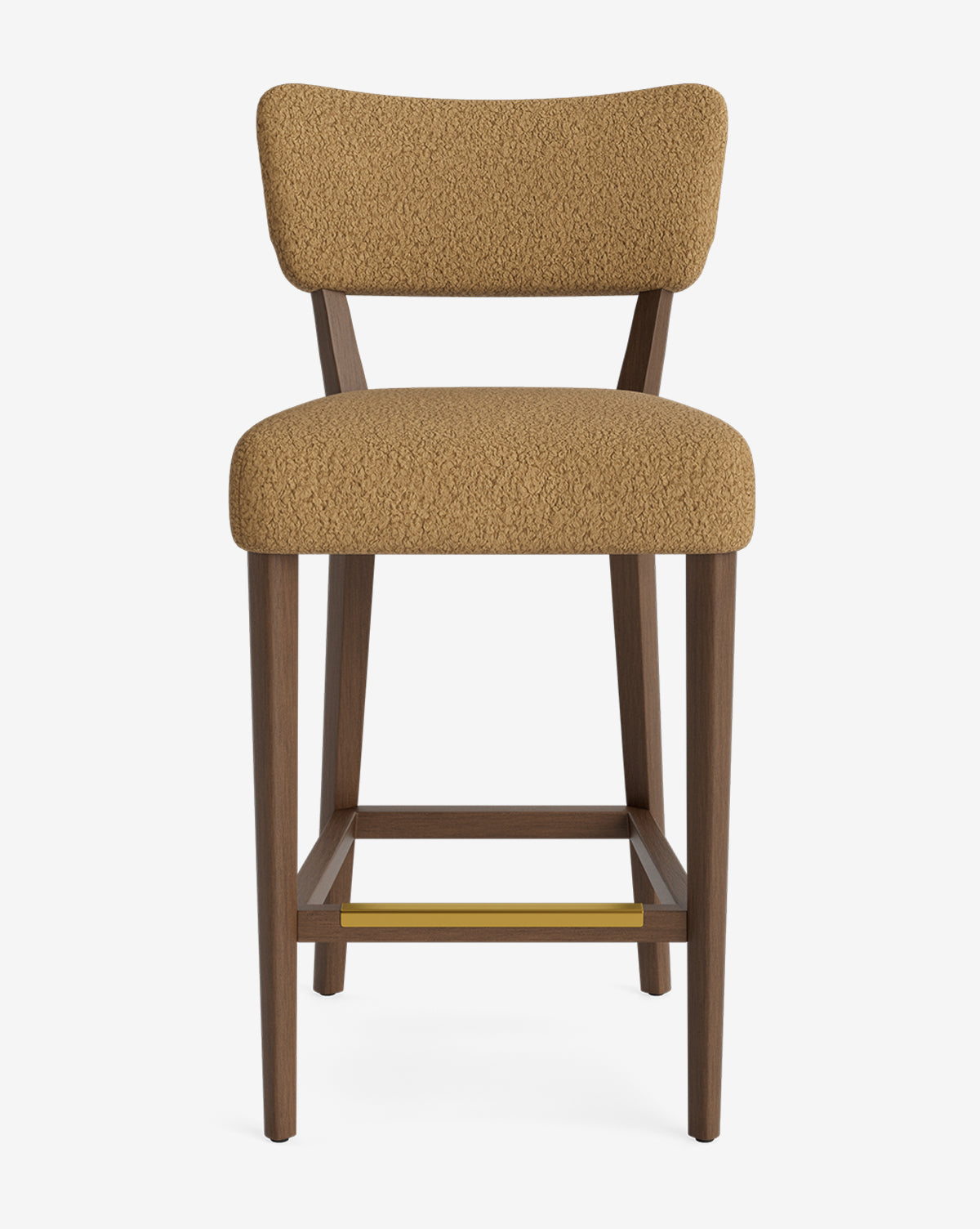 The Makerspalm Etienne Stool features a brown textured upholstered seat and backrest, dark wooden legs, and a brass footrest, adding mid-century modern charm to any space. McGee & Co.