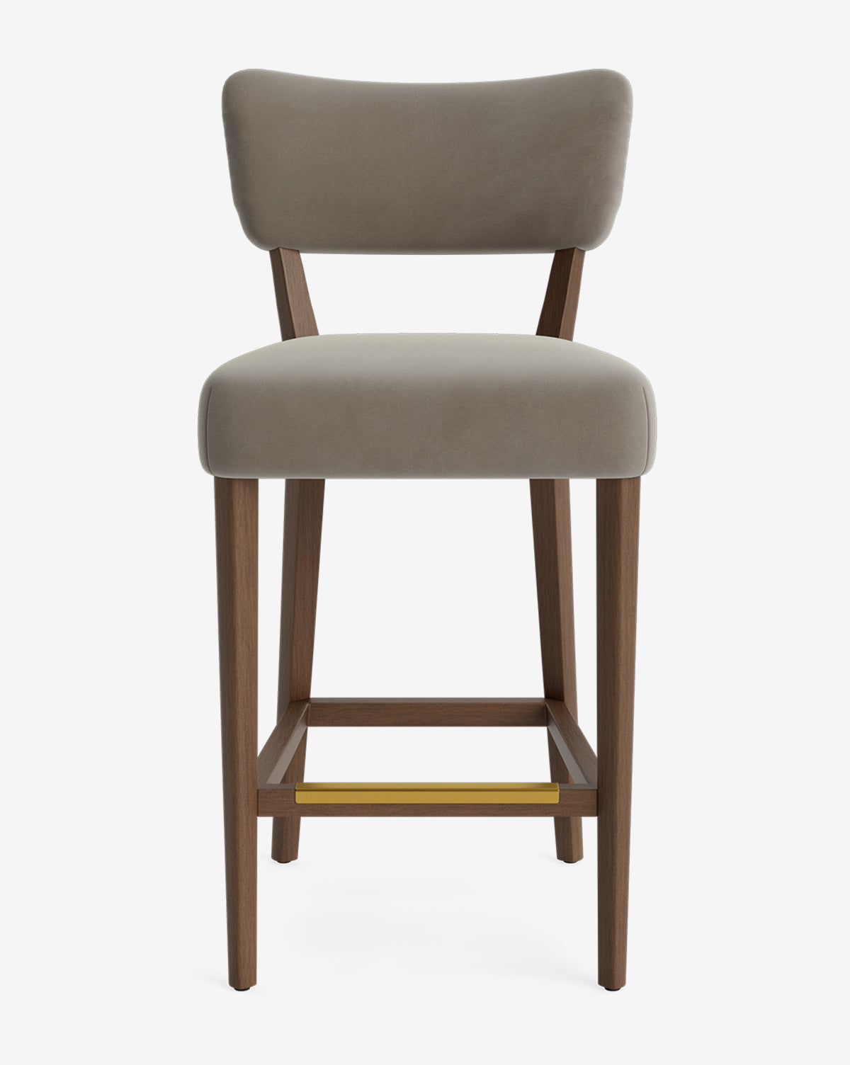The Makerspalm Etienne Stool showcases a soft gray upholstered seat and backrest, wooden legs, and a horizontal brass footrest. This vintage-inspired barstool is pictured against a white background. McGee & Co.