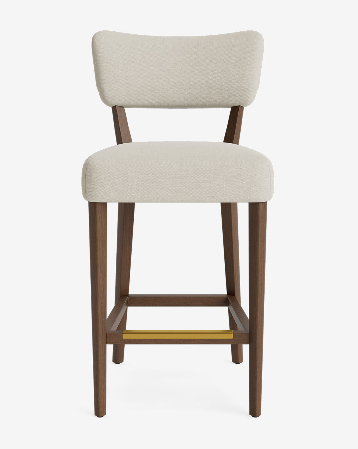 The Makerspalm Etienne Stool features a light beige upholstered seat and backrest, wooden legs, and a brass footrest, shown against a plain white background. McGee & Co.