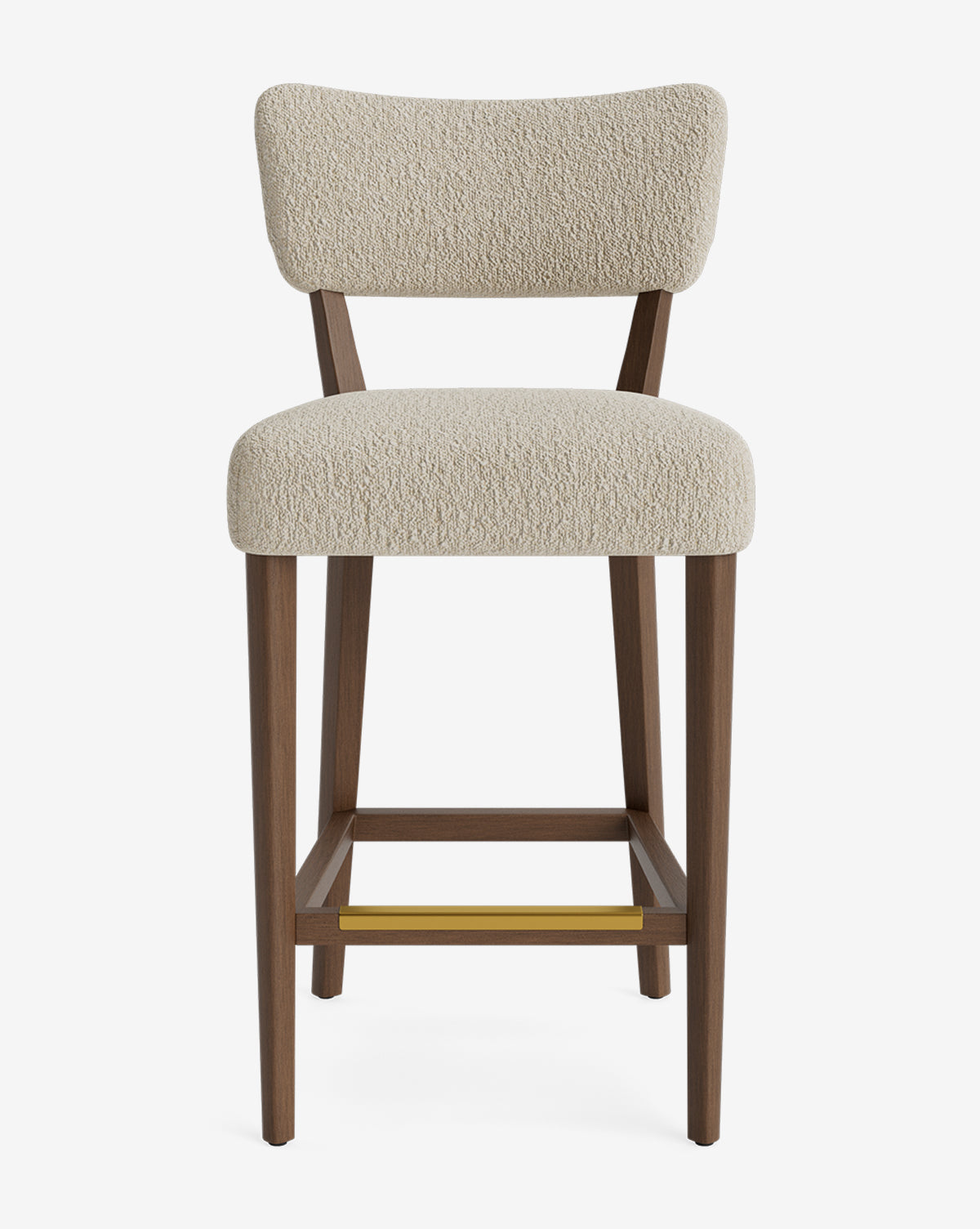 The Makerspalm Etienne Stool is a modern, vintage-inspired bar stool with a customizable beige upholstered seat and backrest, wooden legs, and a horizontal brass footrest, displayed against a plain white background. McGee & Co.
