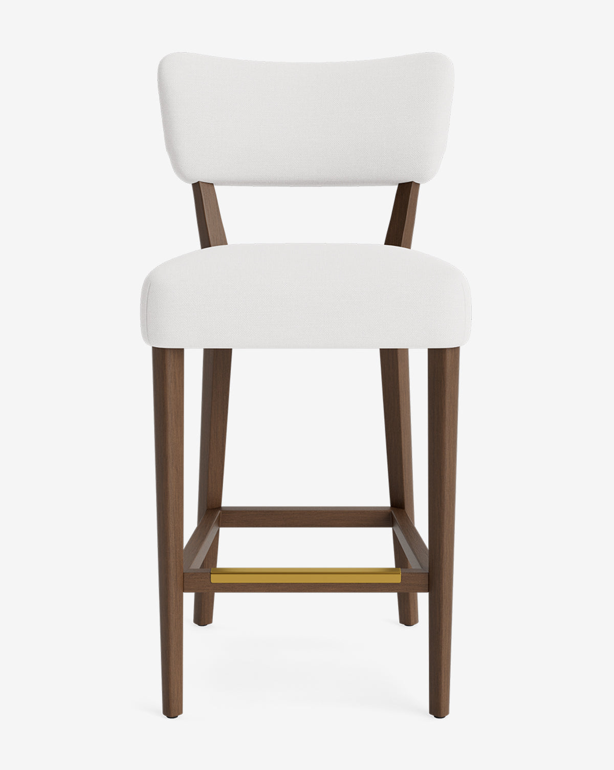 The Makerspalm Etienne Stool features a white cushioned seat and backrest, four wooden legs with a brass footrest, and a sleek design that blends modern comfort with classic vintage-inspired style. McGee & Co.