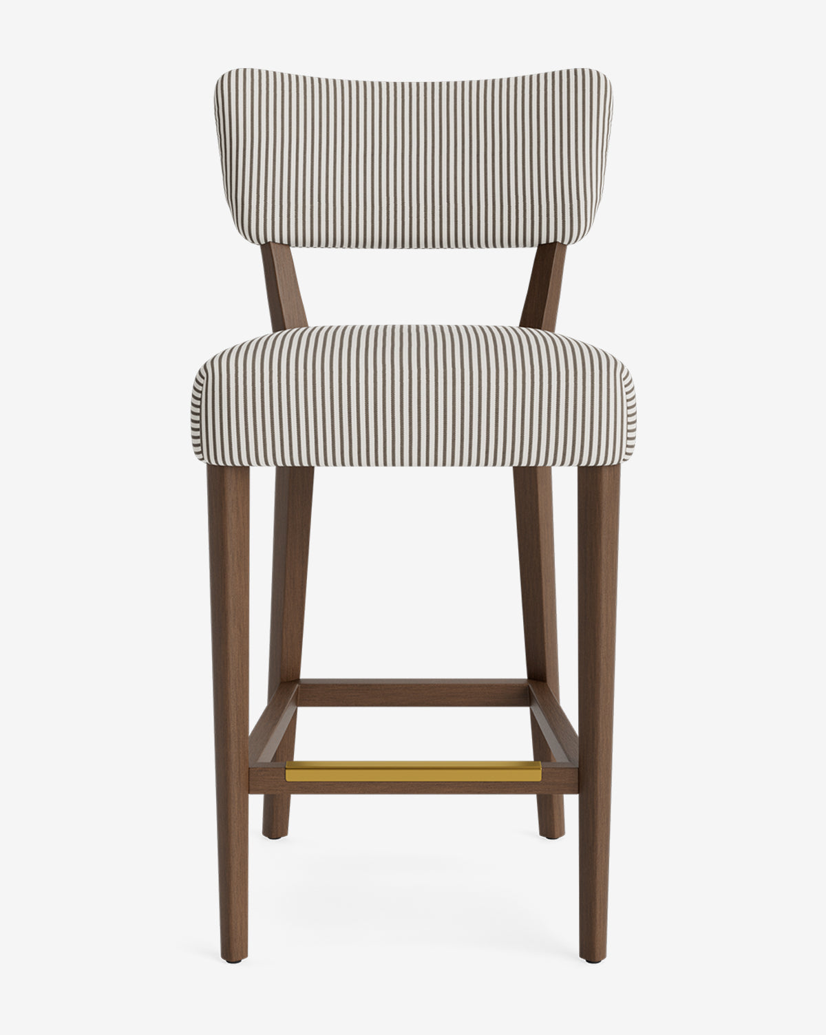 The Makerspalm Etienne Stool features a modern, vintage-inspired wood frame with cushioned seat and backrest in white fabric with thin black vertical stripes. Customizable to fit your decor. McGee & Co.