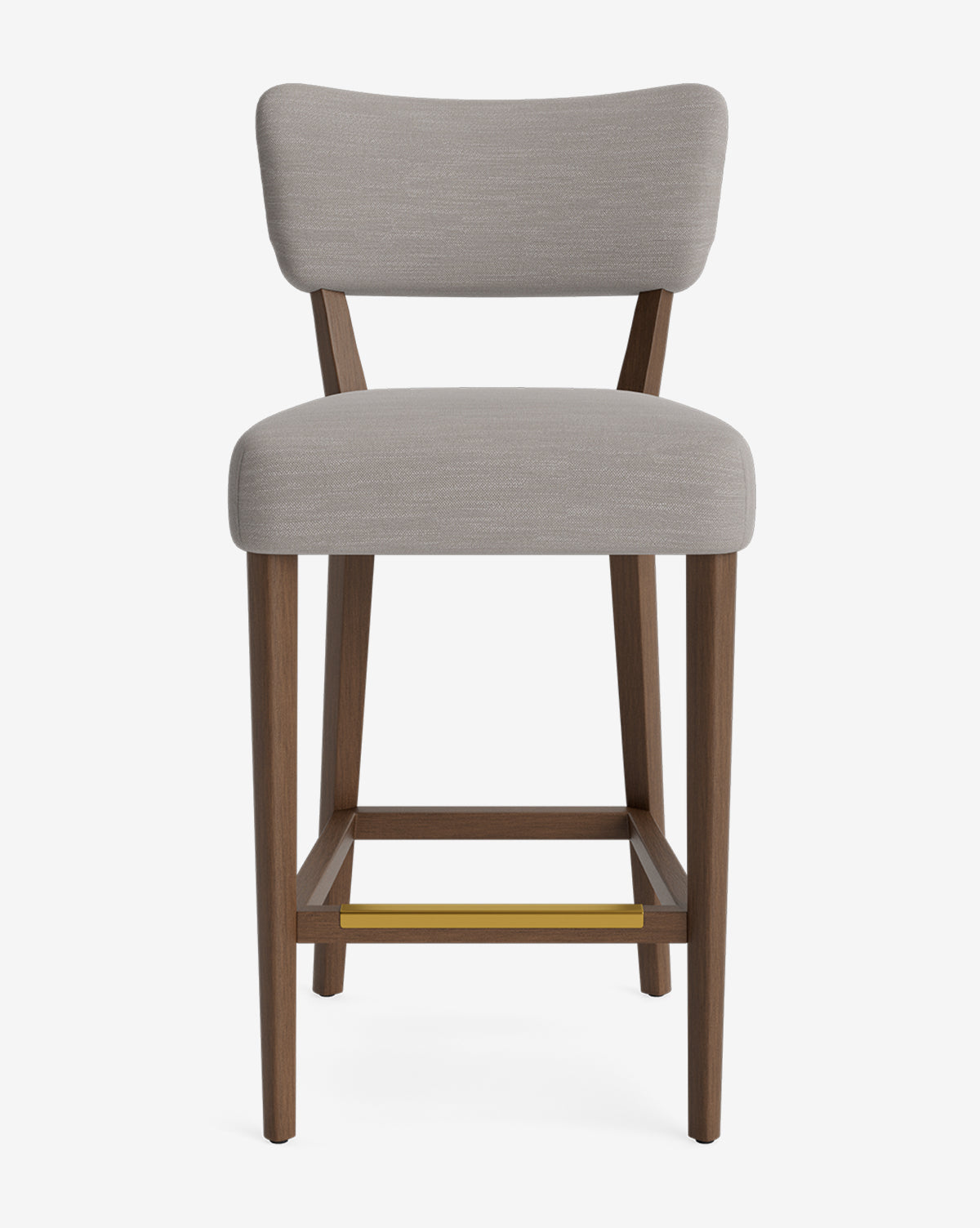 The Makerspalm Etienne Stool is a modern, vintage-inspired bar stool featuring a light gray cushioned seat and backrest, wooden legs, and a brass-colored footrest, shown against a white background. McGee & Co.