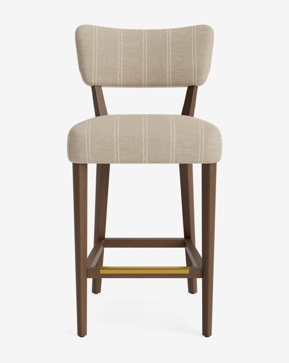 The Makerspalm Etienne Stool features beige upholstery with white stripes, a curved backrest, wooden legs, and a brass footrest. This vintage-inspired, customizable design is shown on a plain white background. McGee & Co.
