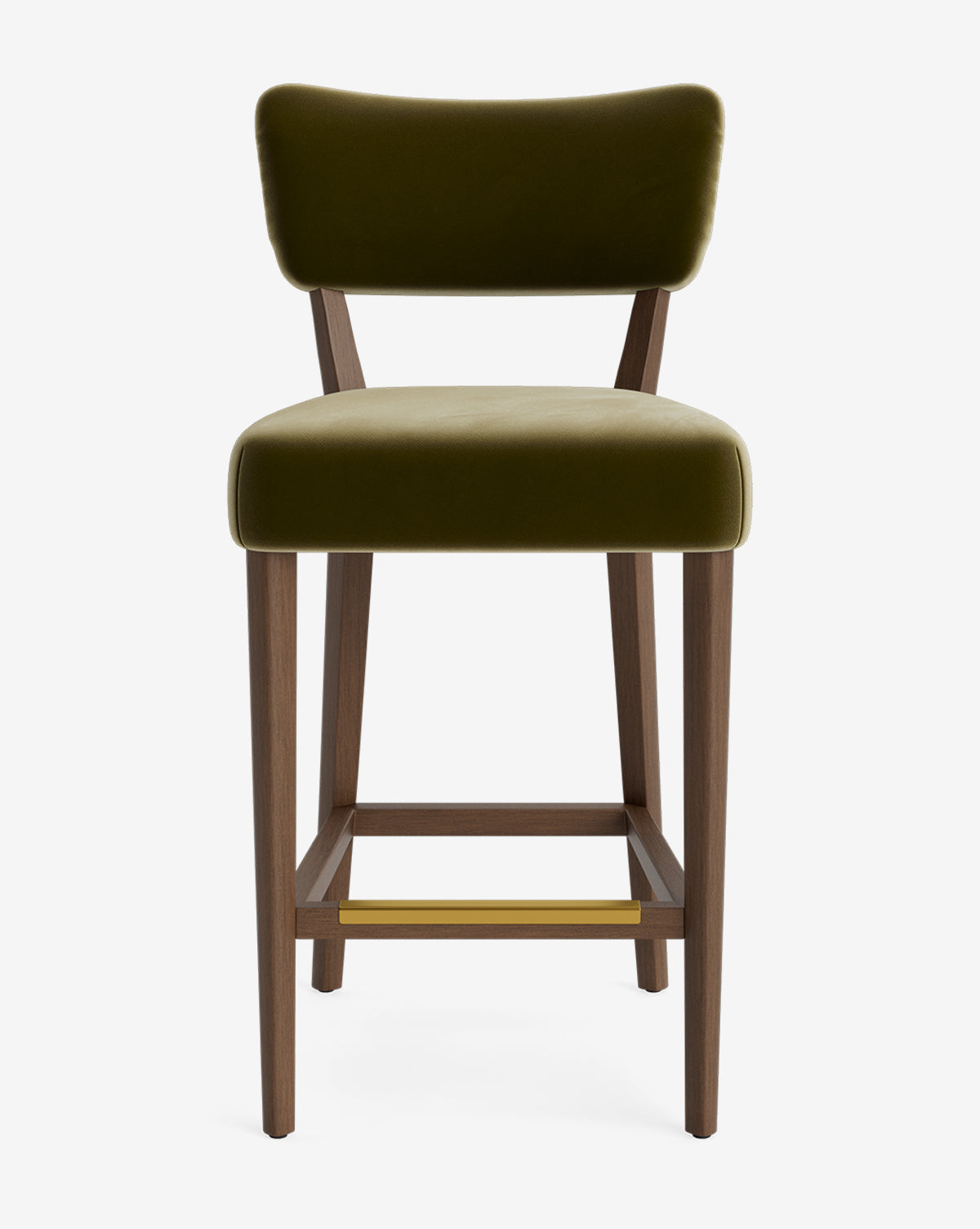 The Makerspalm Etienne Stool features green velvet upholstery, a curved backrest and seat, four angled wooden legs, and a simple footrest—shown against a white background. McGee & Co.