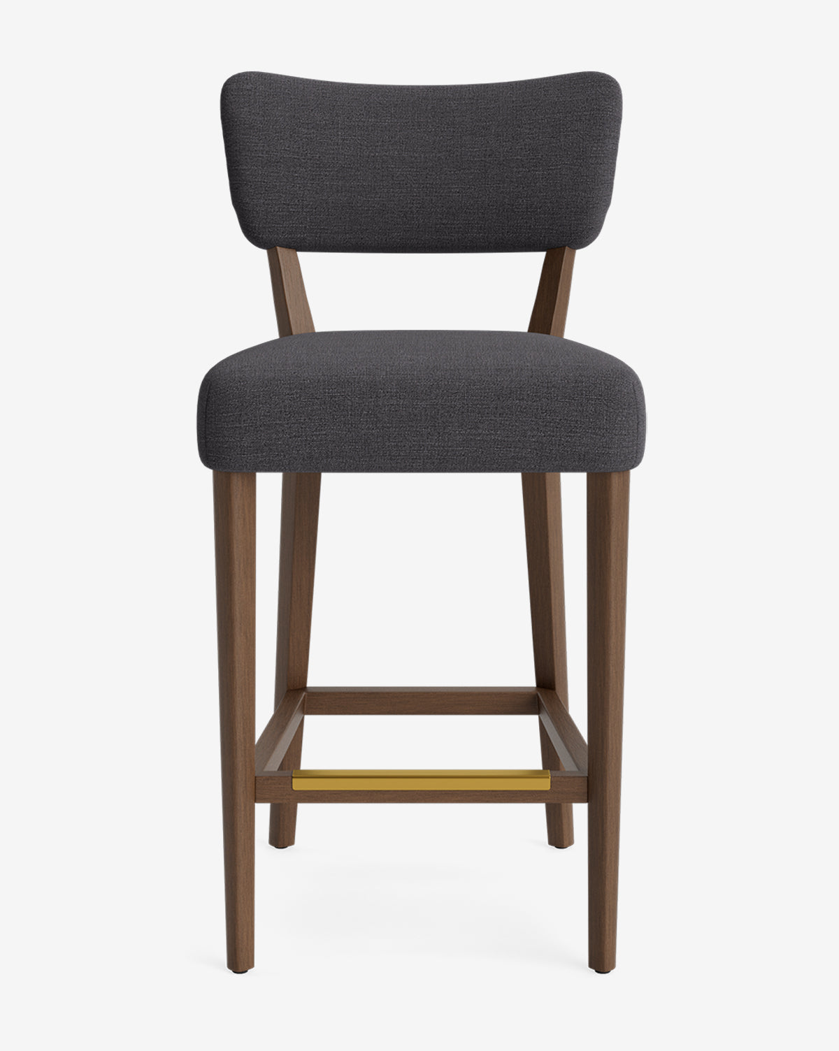 The Makerspalm Etienne Stool is a modern, vintage-inspired bar stool with dark grey upholstery, wooden legs, and a gold-colored footrest, shown from the front on a white background. McGee & Co.
