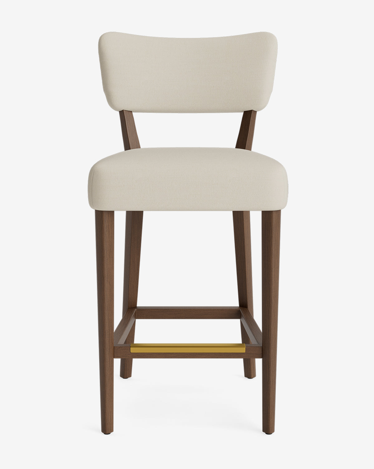 The Makerspalm Etienne Stool is a vintage-inspired modern bar stool featuring a light beige upholstered seat and backrest, straight wooden legs, and a gold-colored footrest bar by McGee & Co.