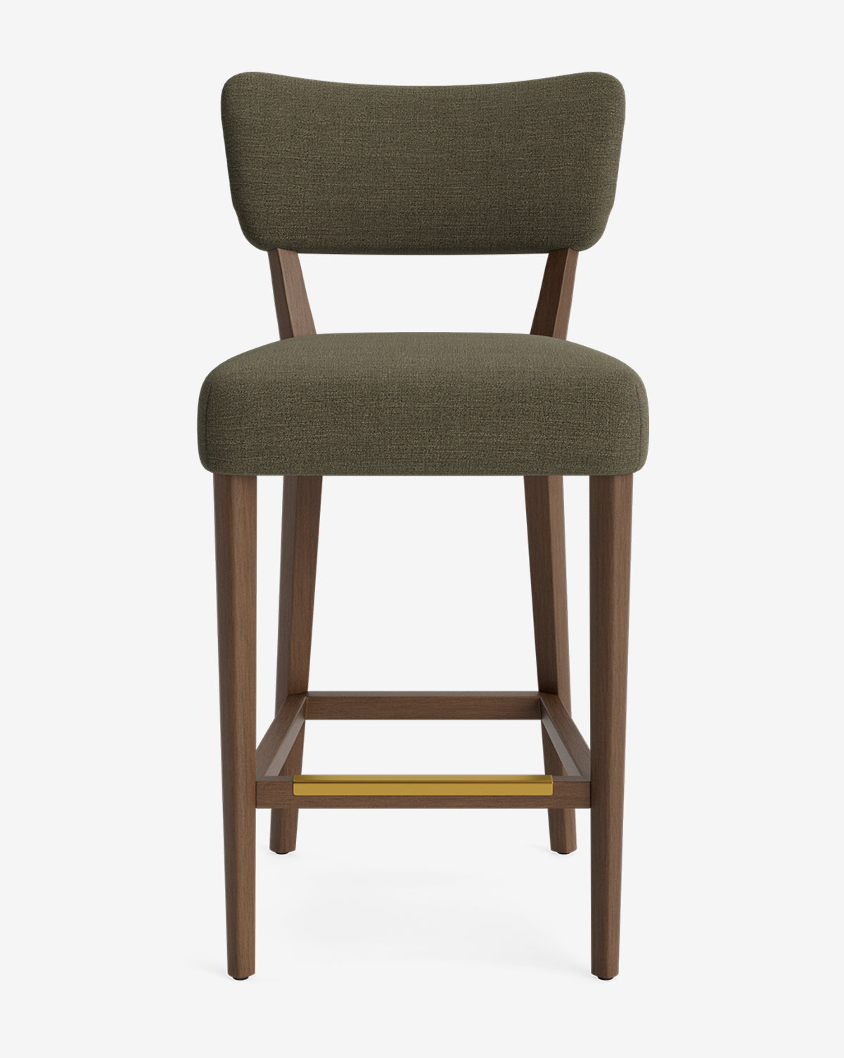 The Makerspalm Etienne Stool is a modern, vintage-inspired wooden barstool with an olive green upholstered seat and backrest, a rectangular seat, angled back legs, and a brass footrest bar against a white background—McGee & Co.