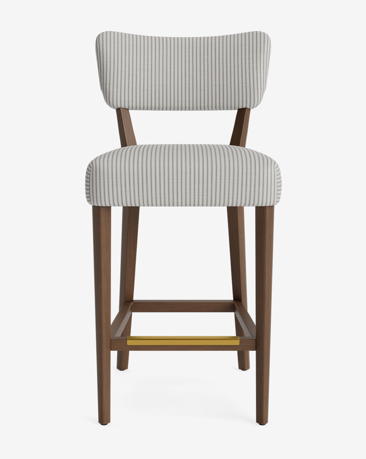 The Makerspalm Etienne Stool is a modern, vintage-inspired barstool with a cushioned, light gray vertically striped seat and backrest, dark wooden legs, and a brass-colored footrest. McGee & Co.