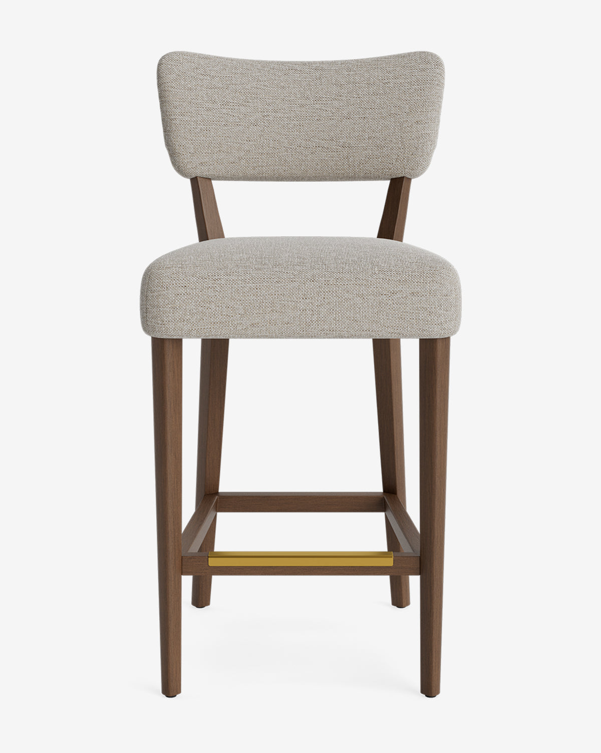 The Makerspalm Etienne Stool is a vintage-inspired bar stool with wooden legs, light beige upholstered seat and backrest, and metal footrest, all customizable to your style, shown against a plain white background, McGee & Co.