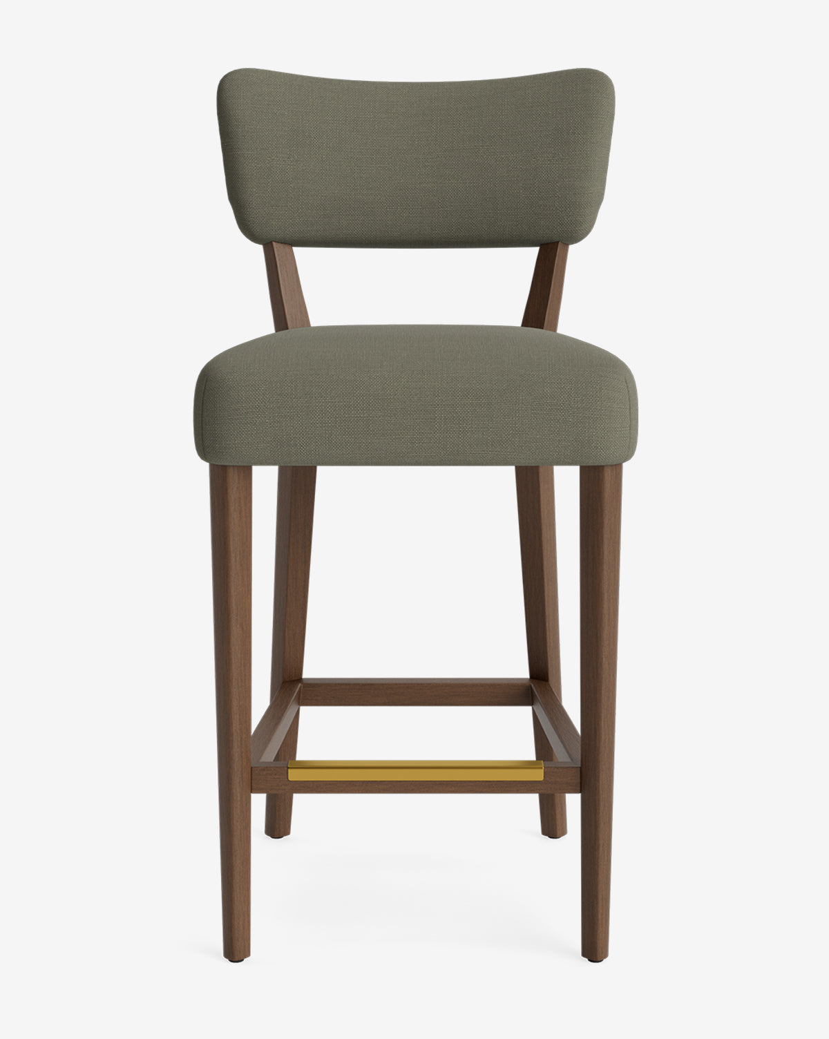 Front view of the Makerspalm Etienne Stool, a vintage-inspired modern bar stool with an olive green upholstered seat and backrest, wooden legs, and a brass footrest, shown against a plain white background. McGee & Co.