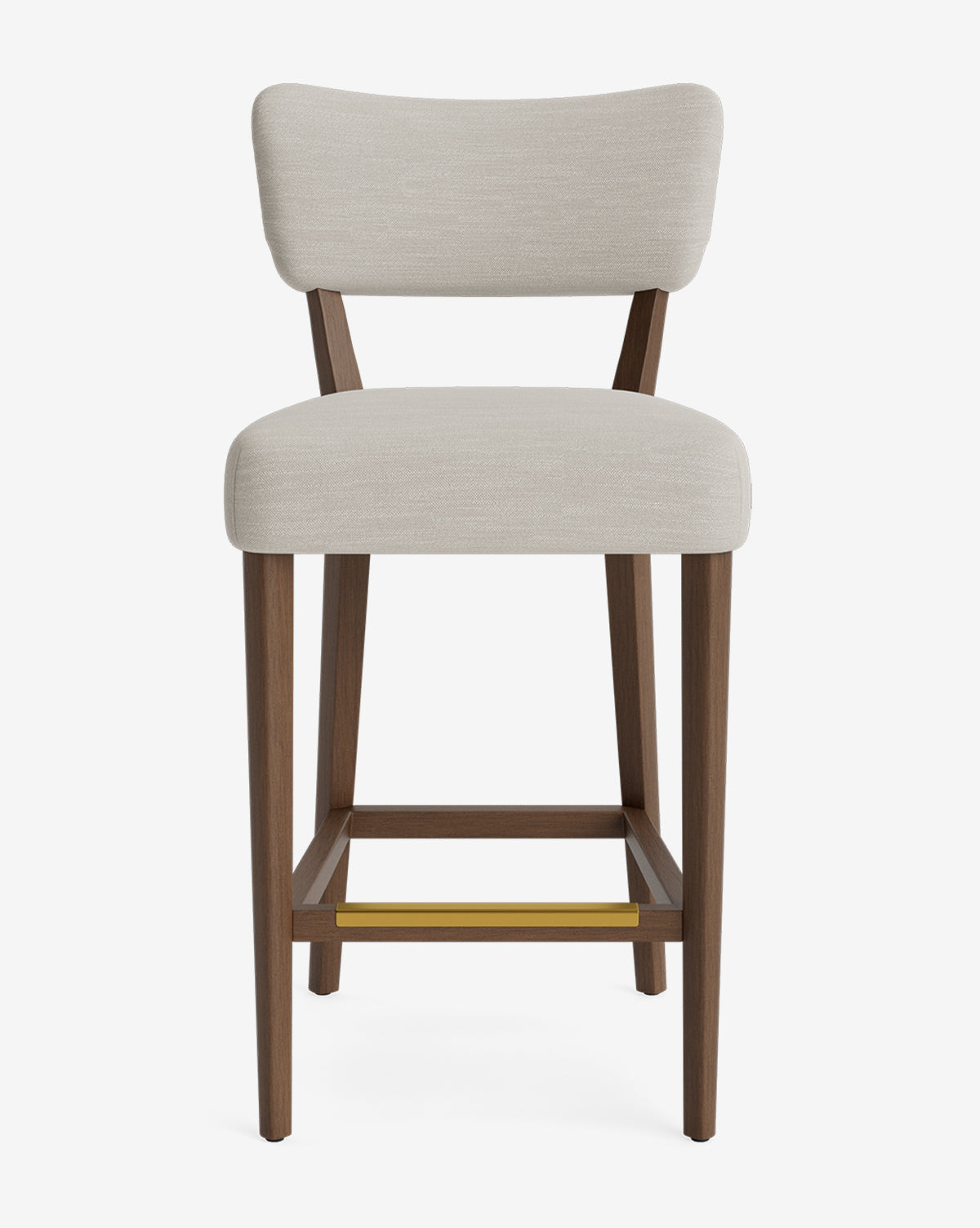 The Makerspalm Etienne Stool features a light beige upholstered seat and backrest, four wooden legs, and a metal footrest. Its simple, vintage-inspired design offers timeless appeal in a modern bar stool. McGee & Co.