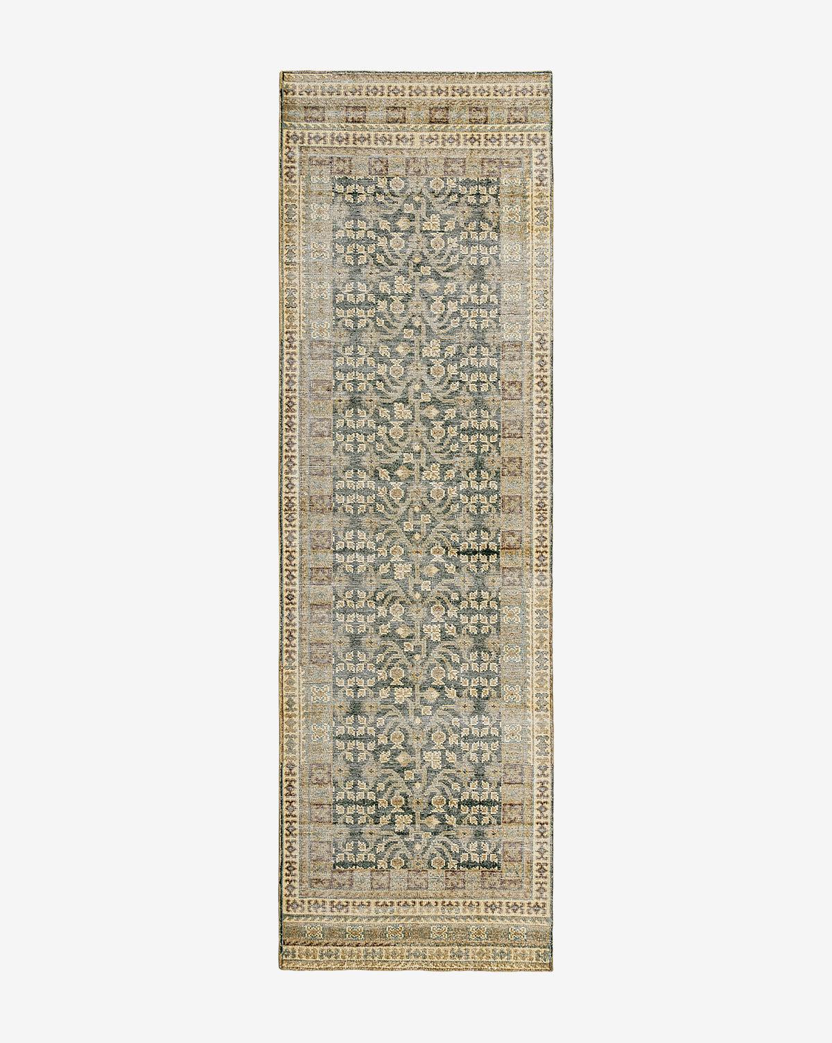 The Evangeline Hand-Knotted Wool Rug is a rectangular, vintage-style area rug with a detailed floral and geometric pattern in muted green, beige, and cream tones, finished with an intricate border, by McGee & Co.