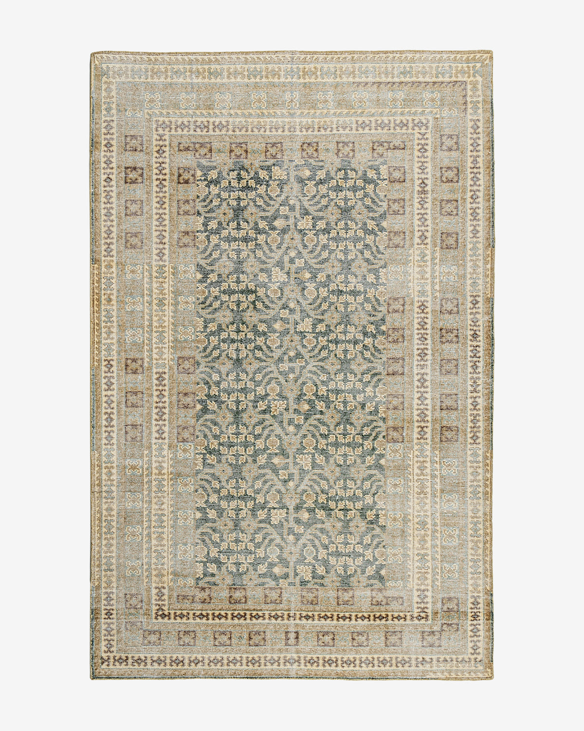 The Evangeline Hand-Knotted Wool Rug is a rectangular area rug with an intricate, symmetrical floral and geometric pattern in muted green, beige, cream, and brown tones, featuring decorative borders and ornate vintage detailing, by McGee & Co.