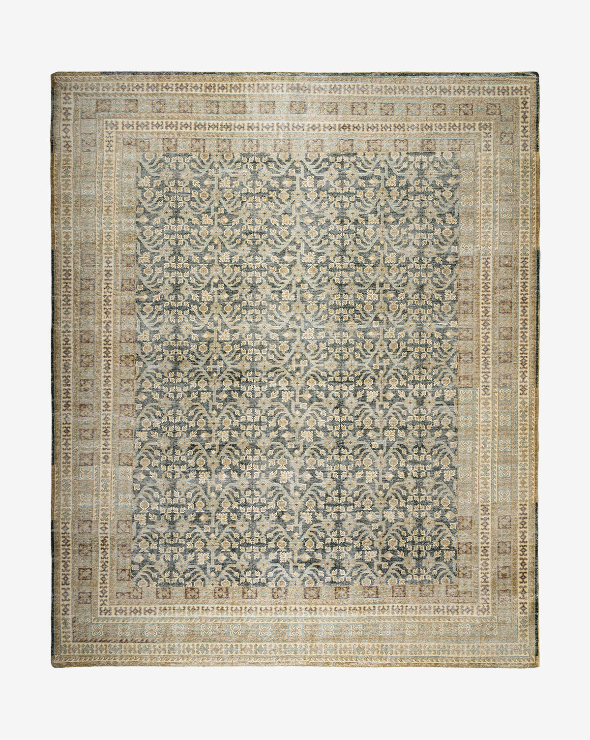 The Evangeline Hand-Knotted Wool Rug features a rectangular shape with intricate floral and geometric patterns in muted blue, beige, and cream tones, framed by multiple decorative borders, by McGee & Co.