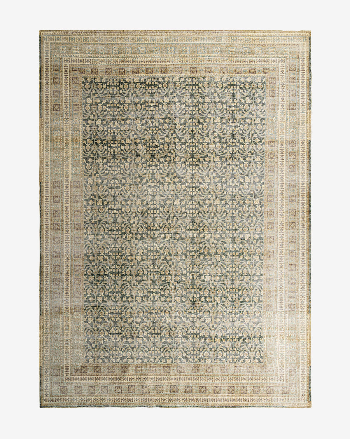 The Evangeline Hand-Knotted Wool Rug features an intricate central botanical pattern with decorative beige, cream, and muted green borders. Its vintage, subtly faded design adds timeless elegance to any space, by McGee & Co.