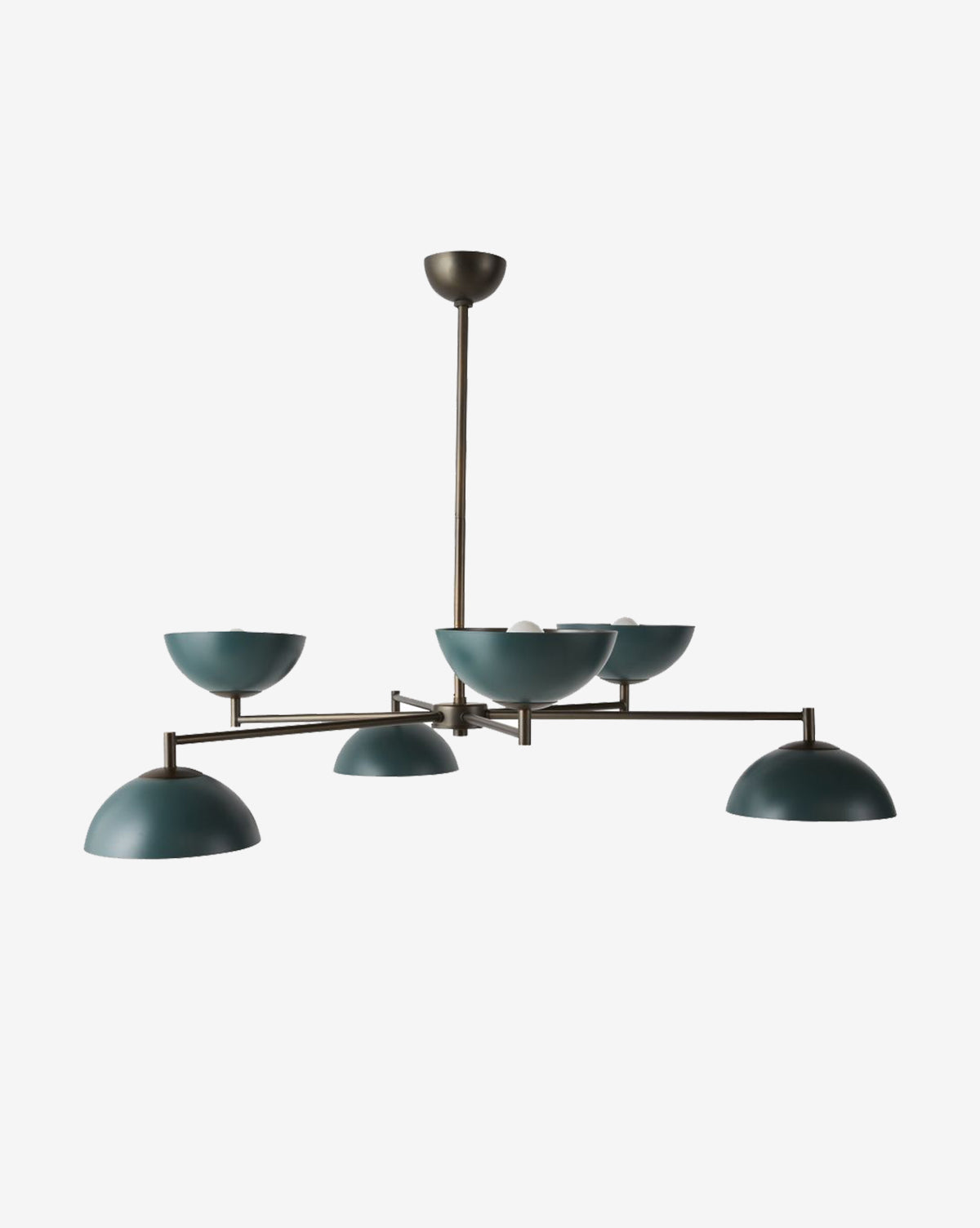 The Evansville Chandelier by Arteriors showcases a bronze frame with six teal dome-shaped lampshades, all suspended from a central rod, set against a plain white background. McGee & Co.