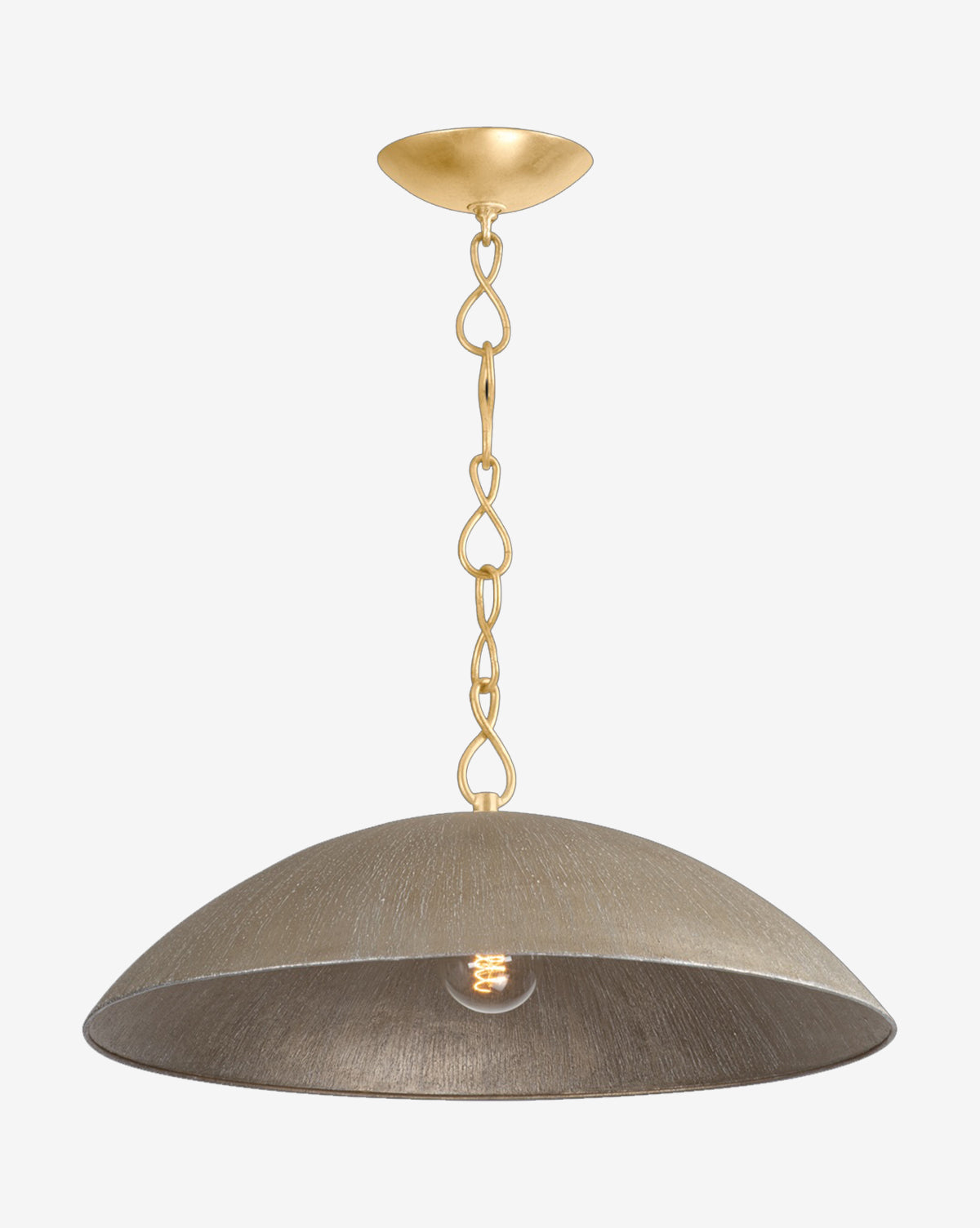 The Eve Pendant by Hudson Valley Lighting features a dome-shaped, textured silver shade with an exposed bulb, suspended from a gold leaf chain and canopy—an elegant modern lighting option by McGee & Co.