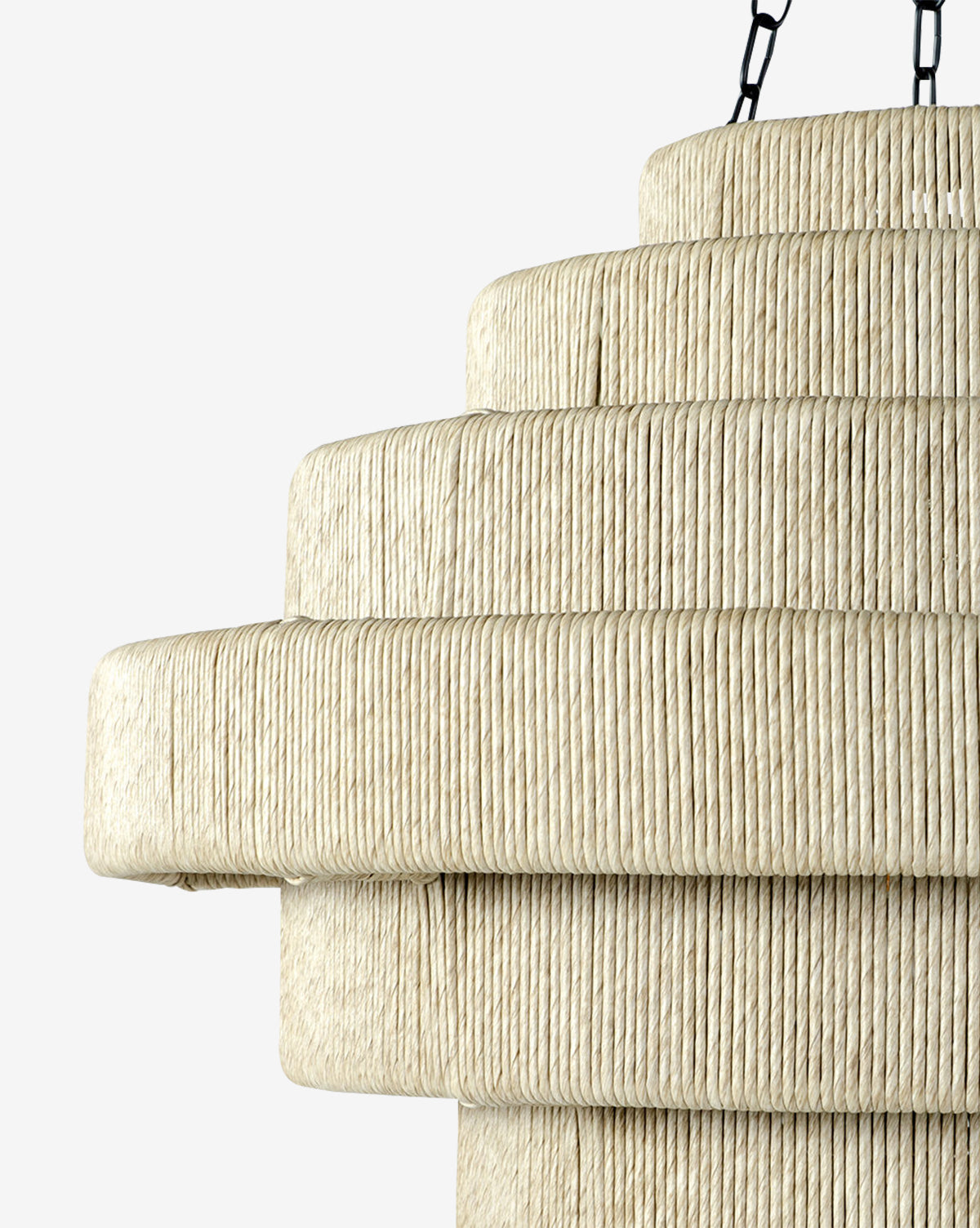 Close-up of the Everly Outdoor Pendant, a beige rope-wrapped tiered lampshade with a black metal chain, shown against a plain white background, by McGee & Co.