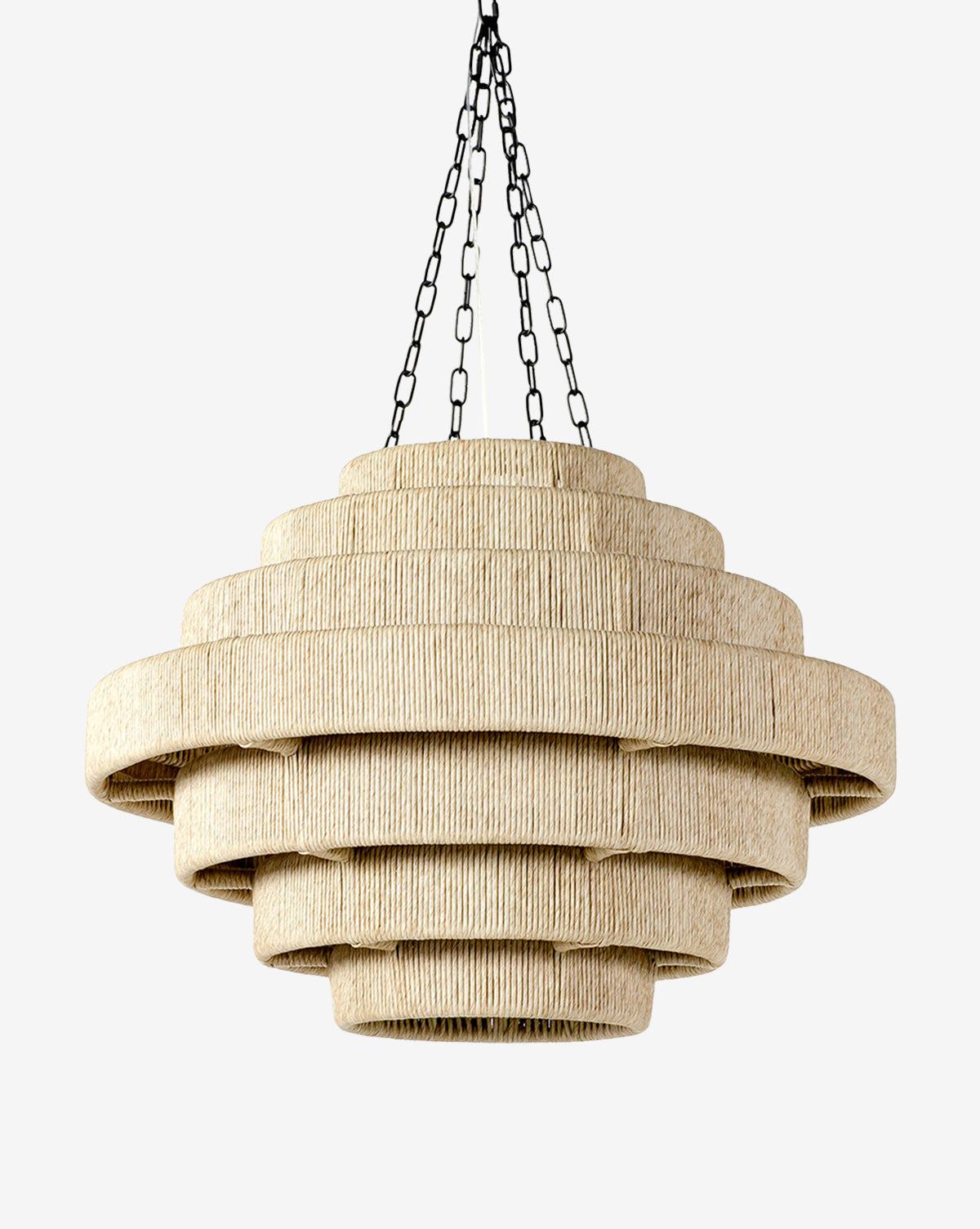 The Everly Outdoor Pendant by Palecek features a tiered, circular design with woven synthetic wicker and four black metal chains—an eye-catching, geometric chandelier perfect for standout lighting. McGee & Co.