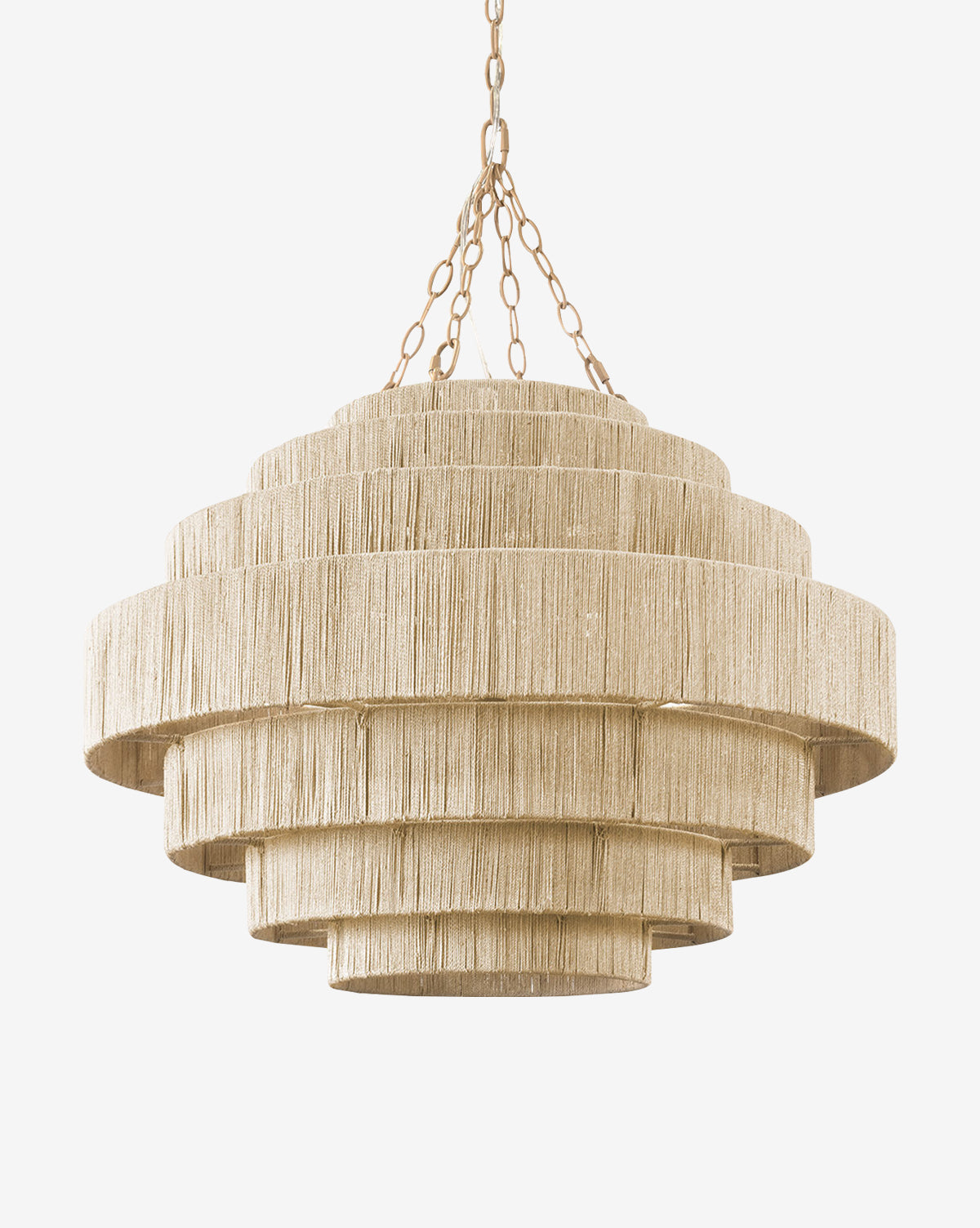The Everly Pendant by Palecek features cascading, circular tiers wrapped in natural beige fringe, suspended from a gold chain against a plain white background, McGee & Co.