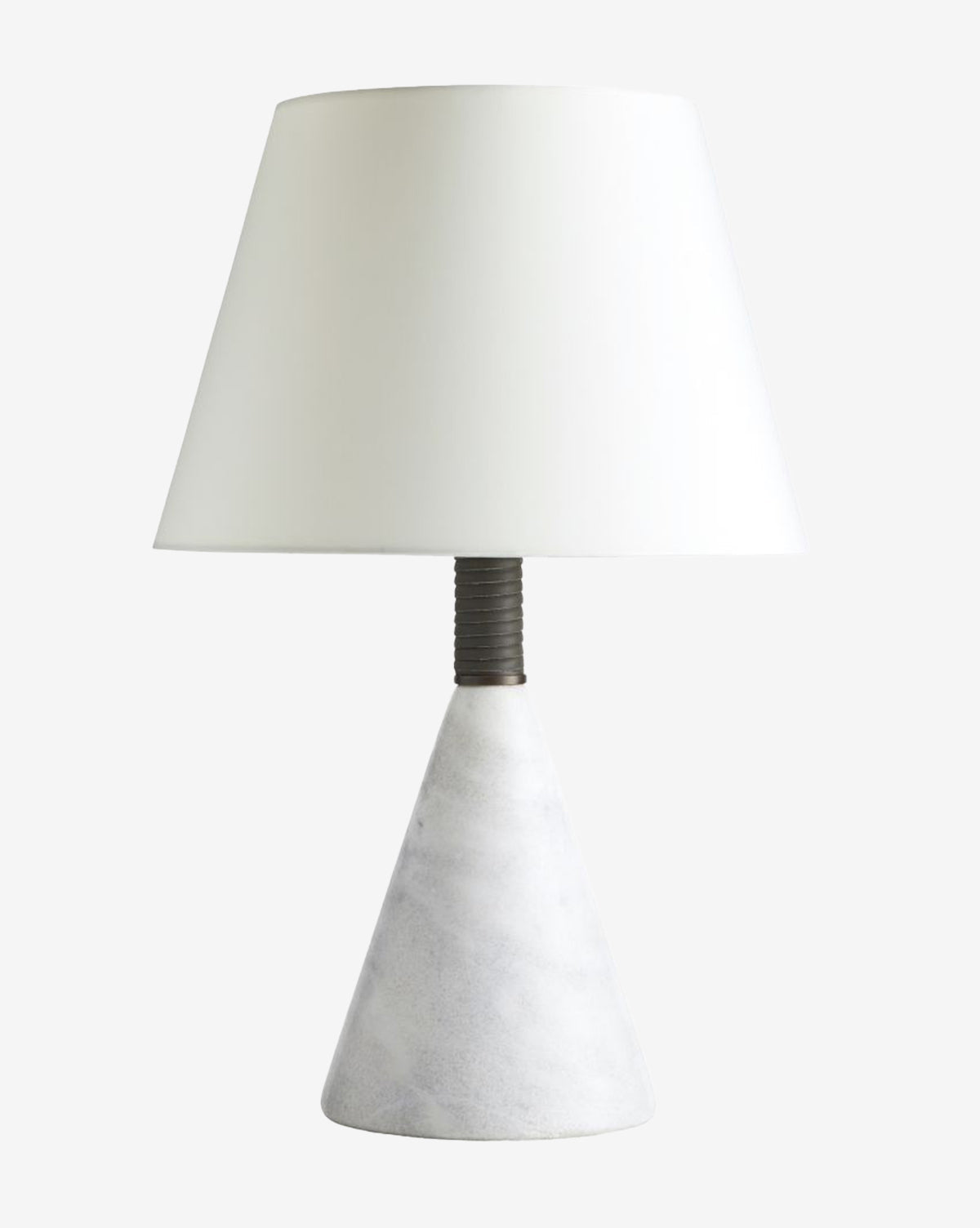 The Everly Table Lamp showcases a contemporary white marble base paired with an ivory microfiber shade, displayed on a plain light gray background, by McGee & Co.